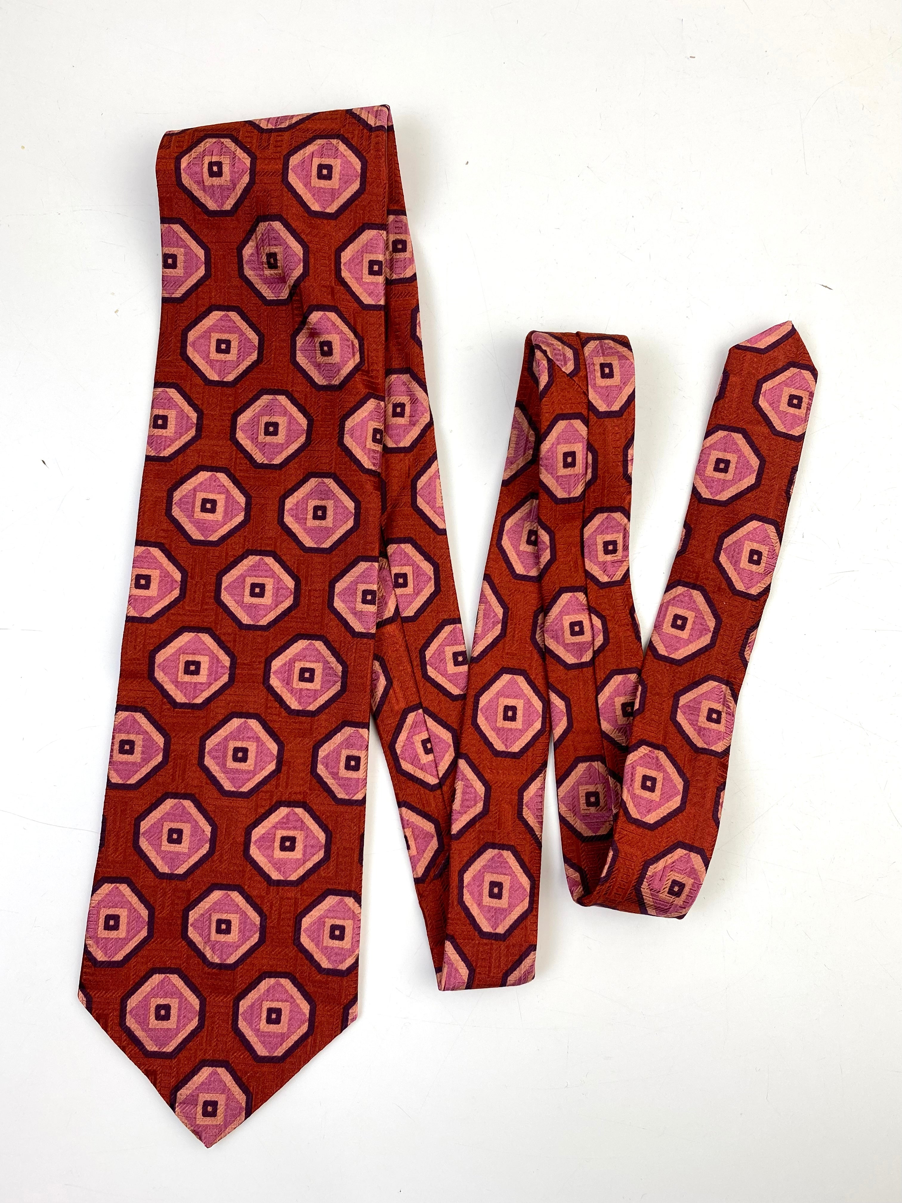 90s Deadstock Silk Necktie, Men's Vintage Red/ Pink Geometric Pattern Tie, NOS