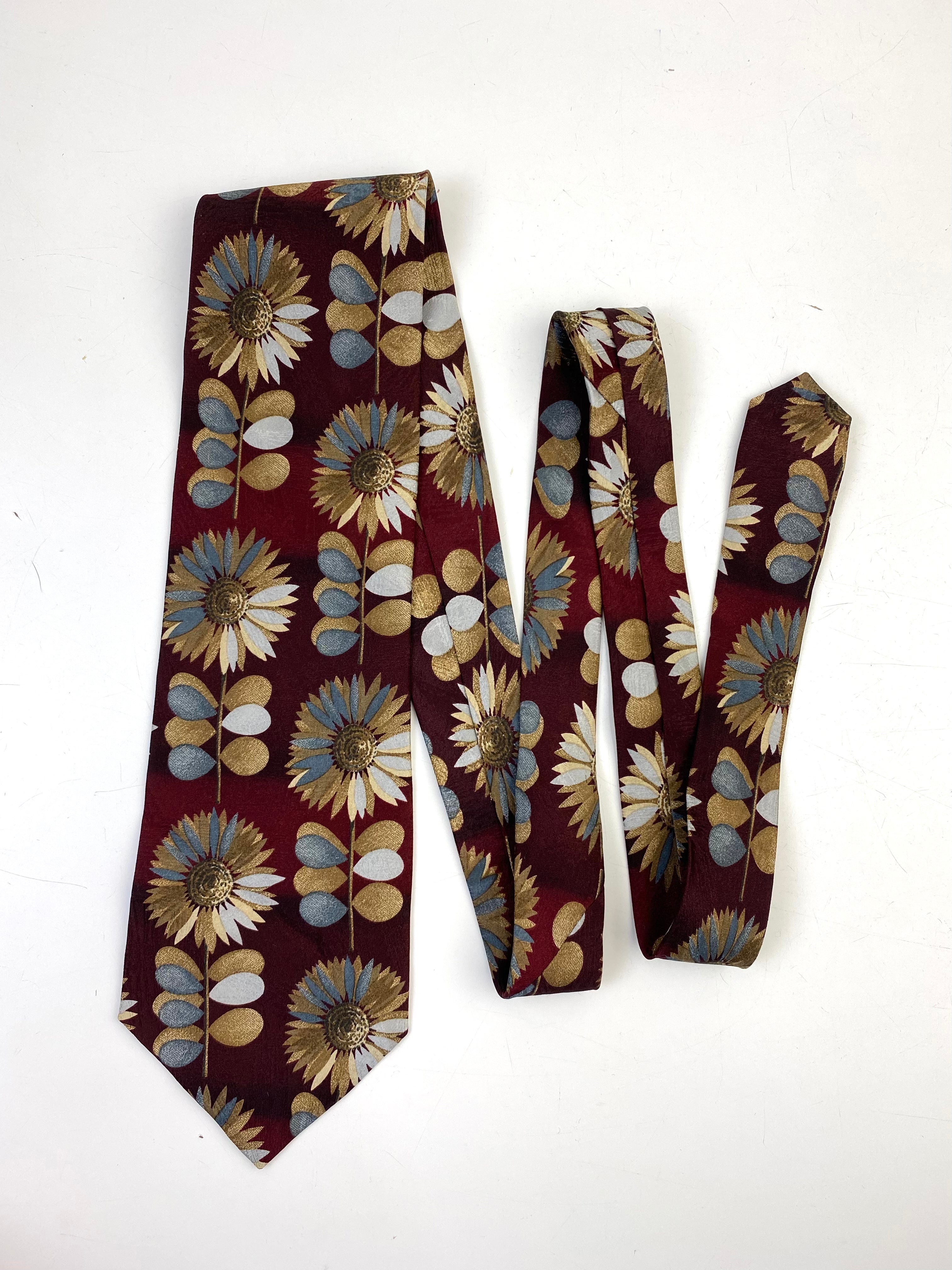 90s Deadstock Silk Necktie, Men's Vintage Wine/ Gold/ Silver Floral Pattern Tie, NOS