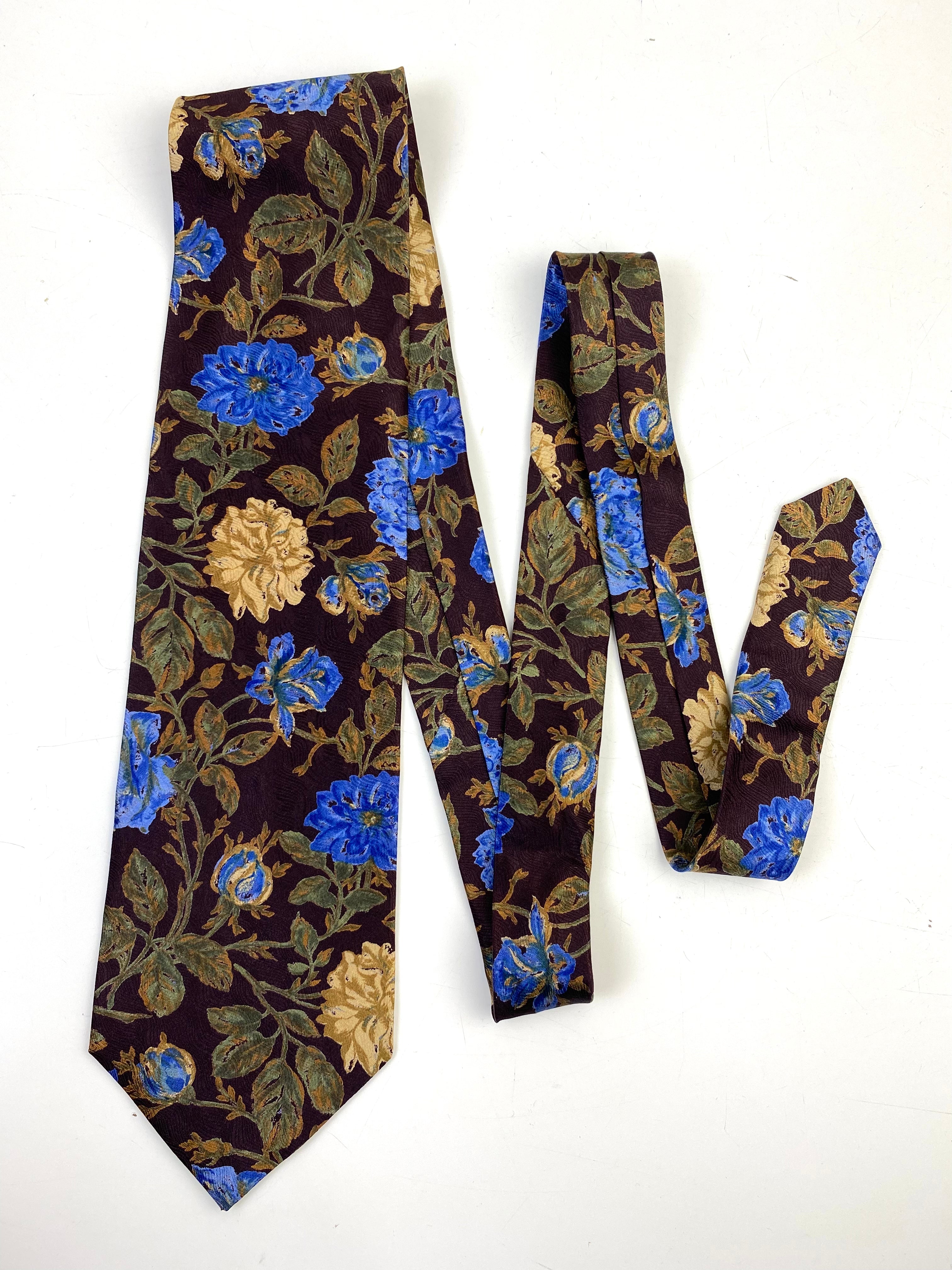 90s Deadstock Silk Necktie, Men's Vintage Brown/ Green/ Blue Floral Pattern Tie, NOS