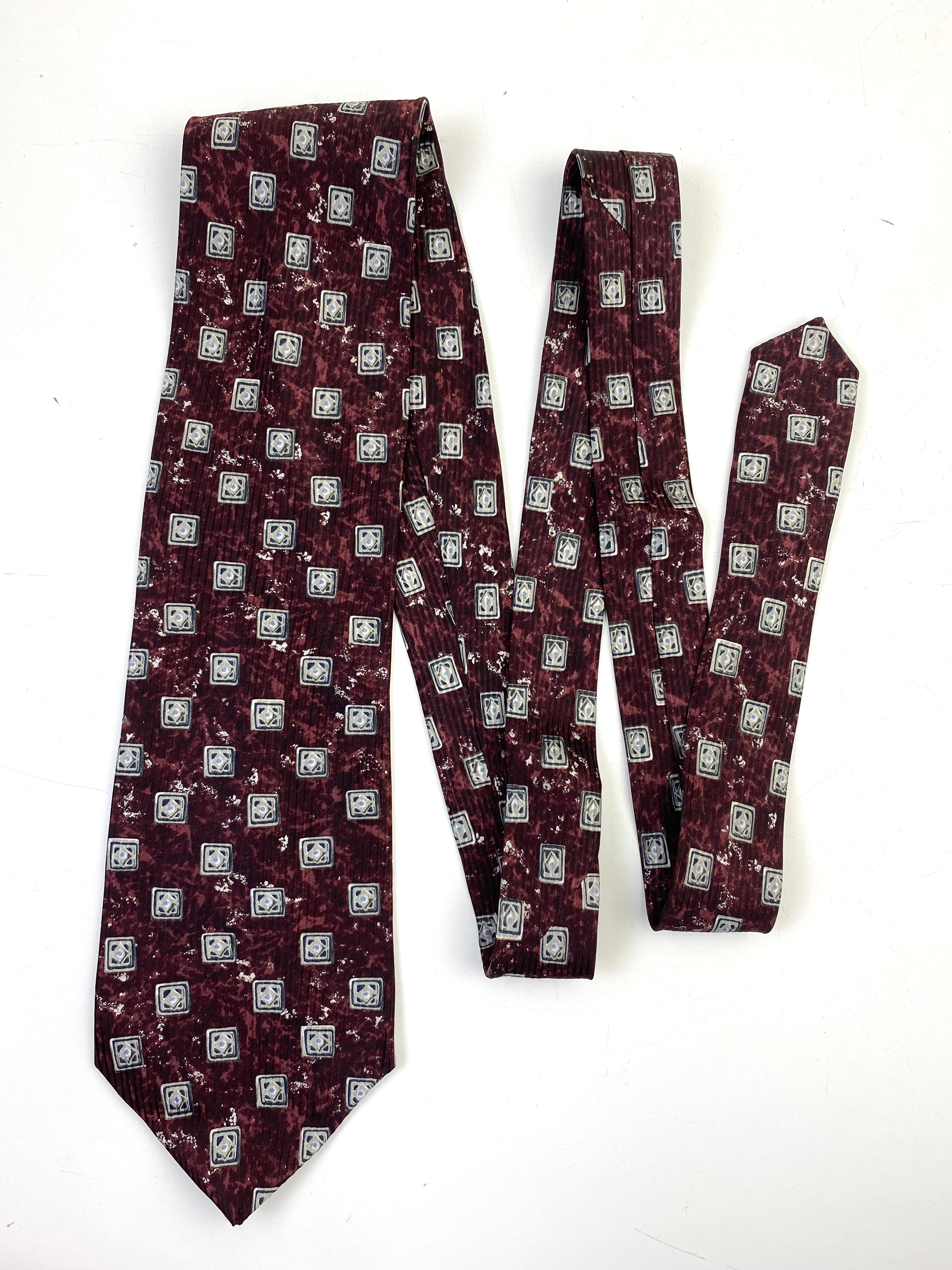 90s Deadstock Silk Necktie, Men's Vintage Brown-Wine Square Tile Foulard Pattern Tie, NOS