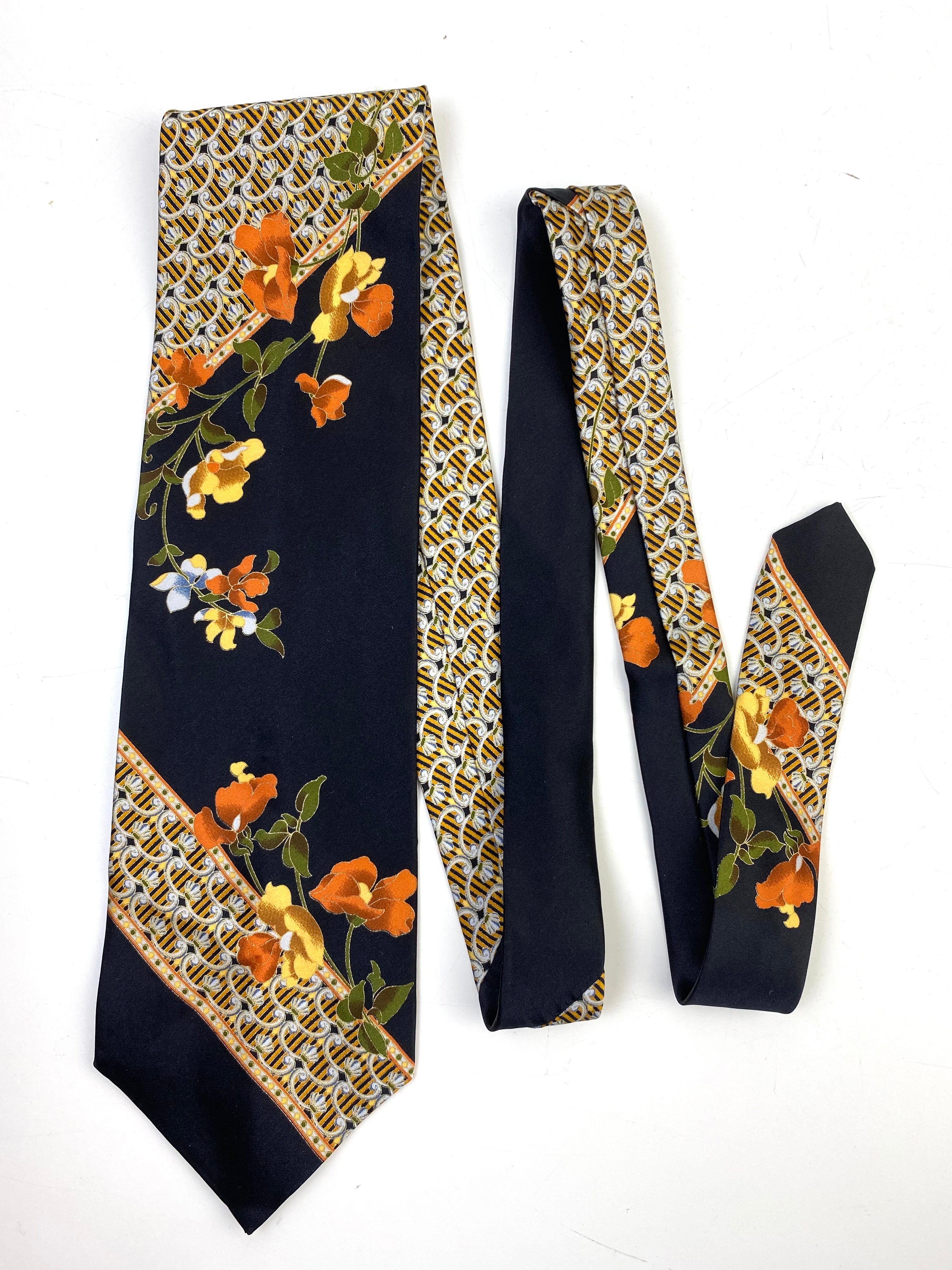 90s Deadstock Silk Necktie, Men's Vintage Gold/ Orange/ Black Floral Pattern Tie, NOS