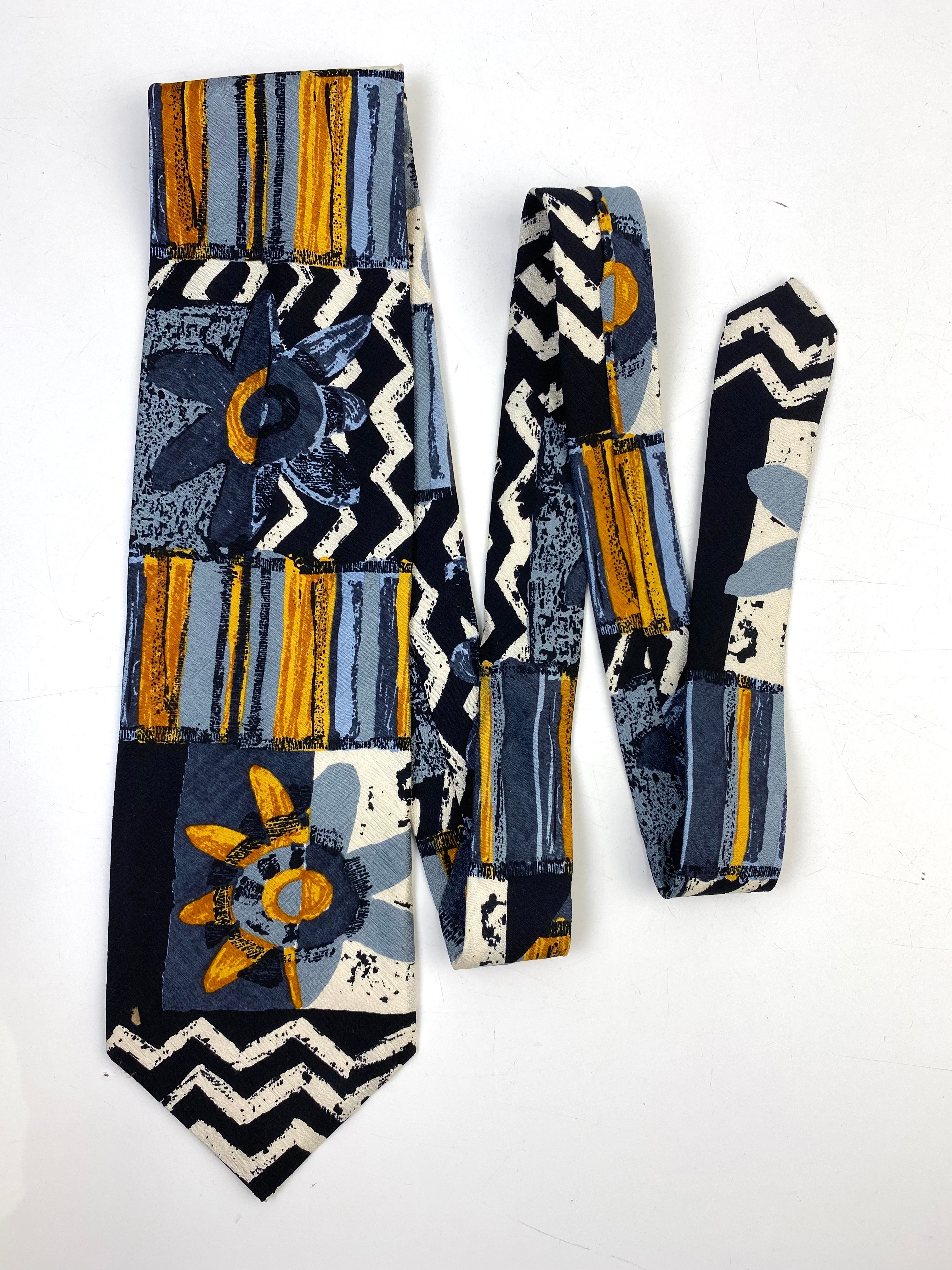 90s Deadstock Silk Necktie, Men's Vintage Gold/ Blue/ Black/ White Chevron Floral Pattern Tie, NOS