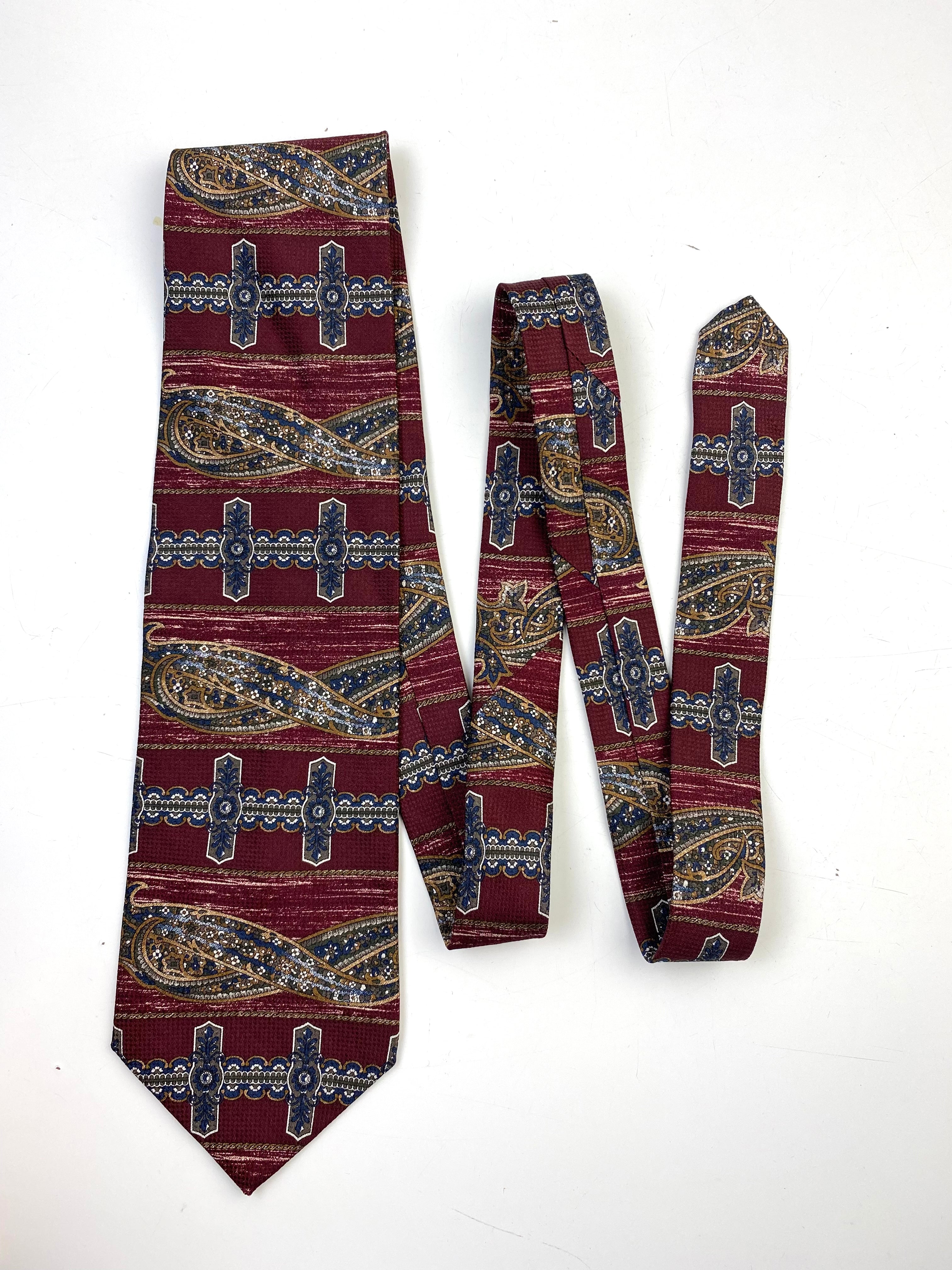 90s Deadstock Silk Necktie, Men's Vintage Wine/ Blue Abstract Indian Pattern Tie, NOS