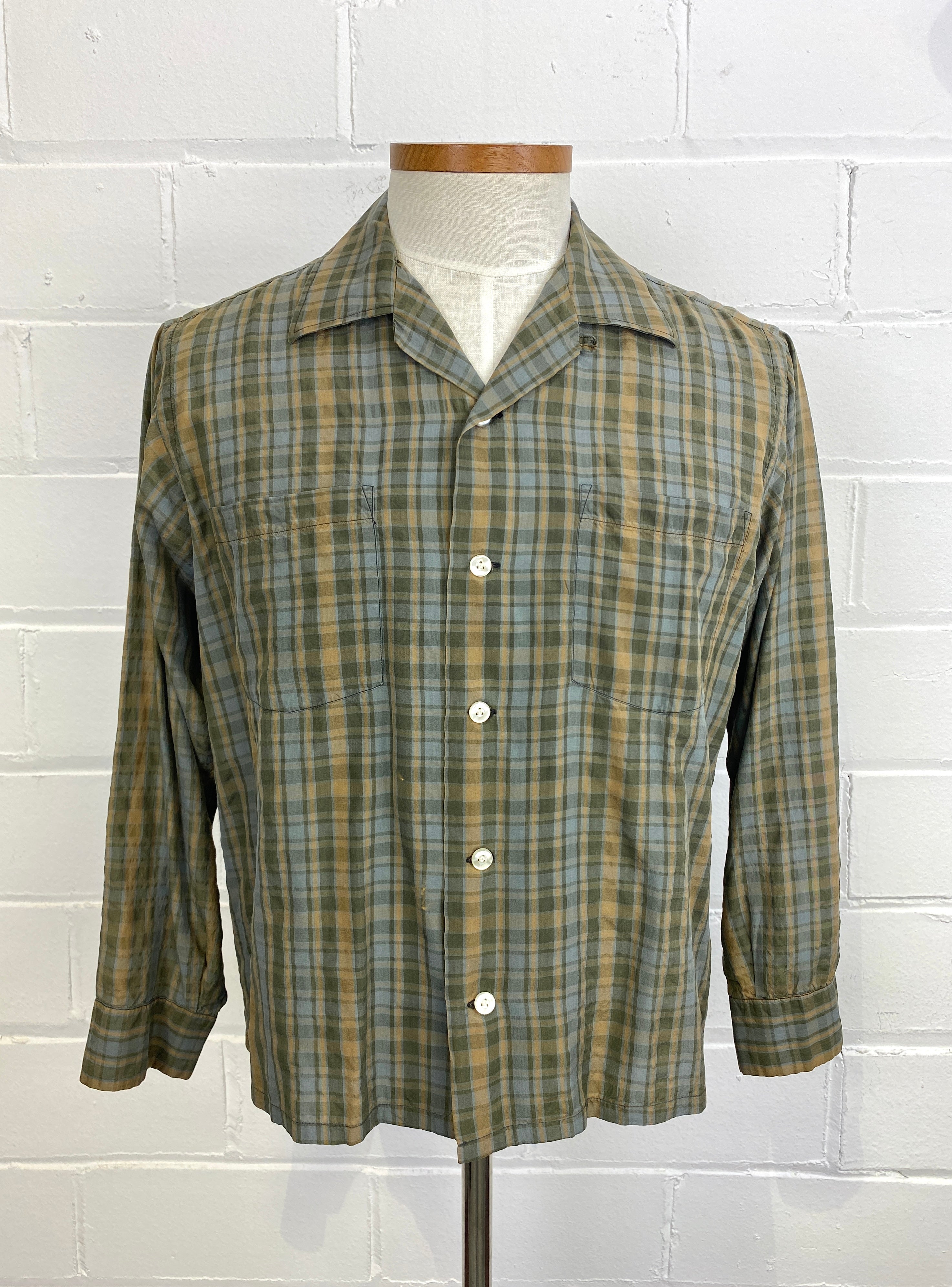 Vintage 1960s Green Plaid Silk Shirt, 16