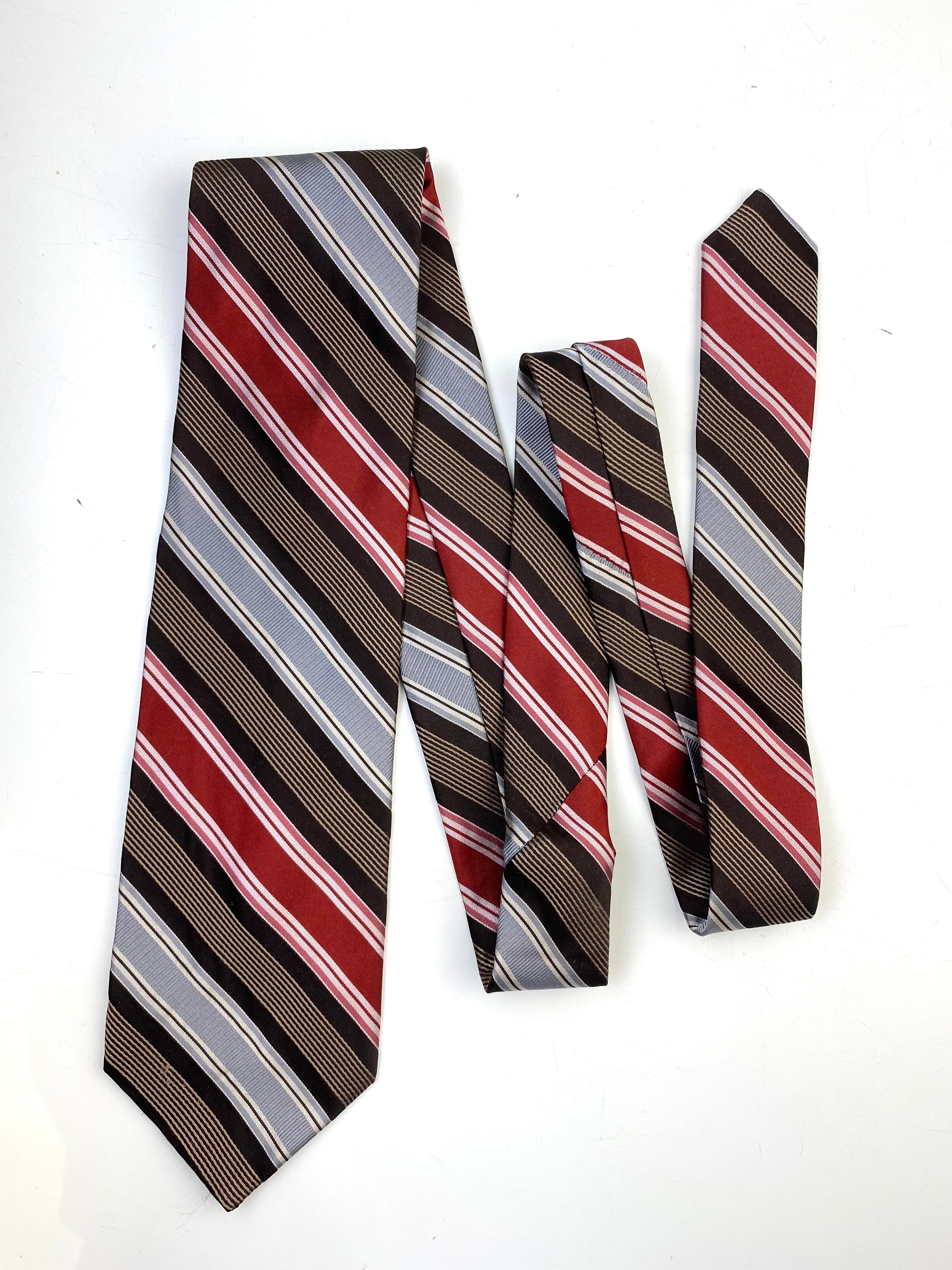 90s Deadstock Silk Necktie, Vintage Wine/ Brown/ Blue Diagonal Stripe Pattern Tie, NOS