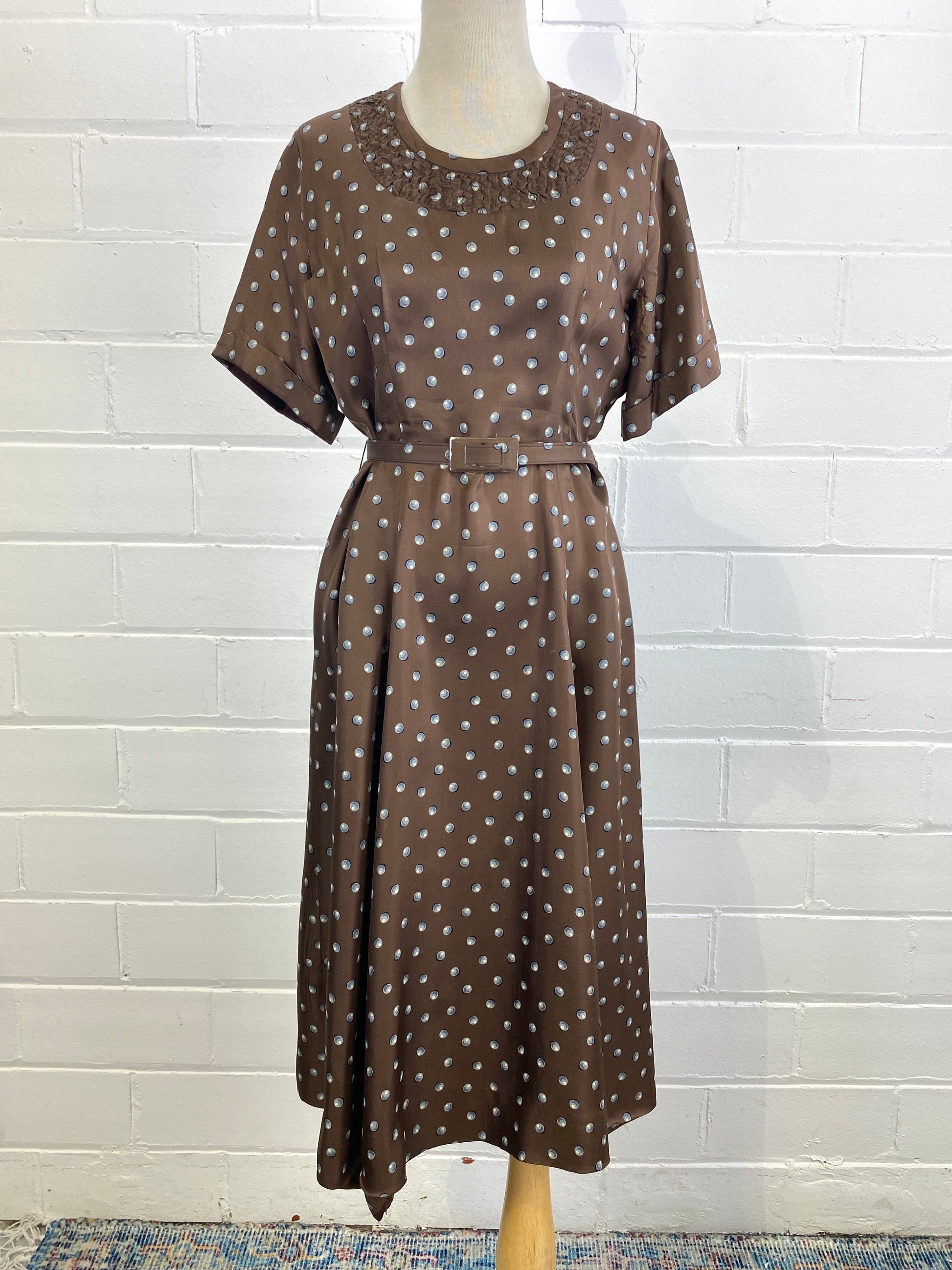 Brown silk 1950s pola dot dress with belt. Ian Drummond Vintage. 