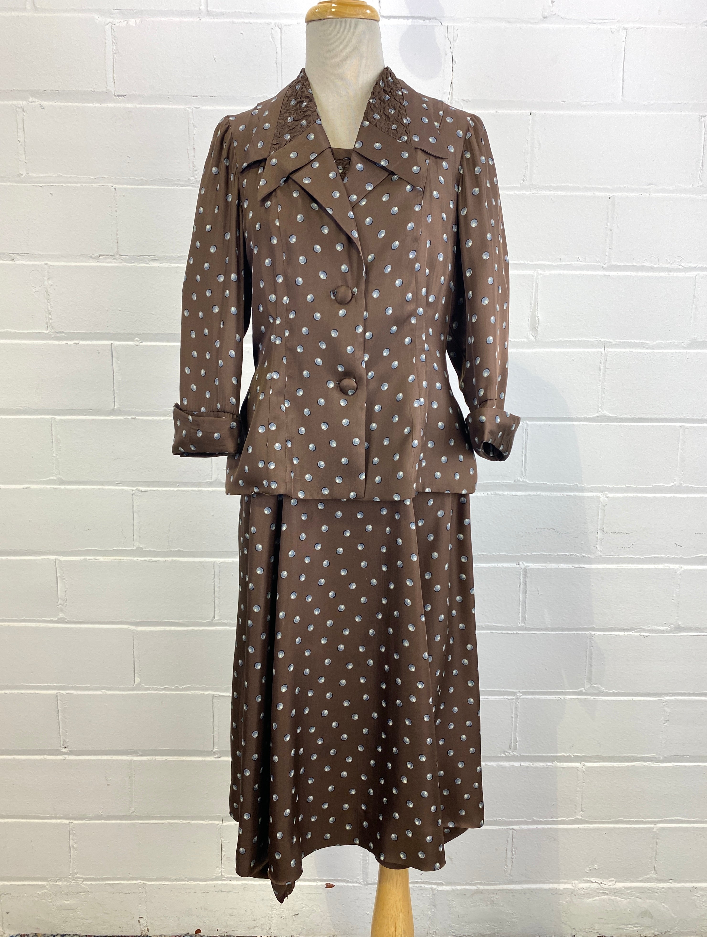 Vintage 1950s Brown Polka Dot Silk 2 Piece Dress & Jacket, Florence Vingst, Medium