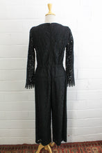 Load image into Gallery viewer, black lace jumpsuit party holiday outfit sheer lace sleeves back view
