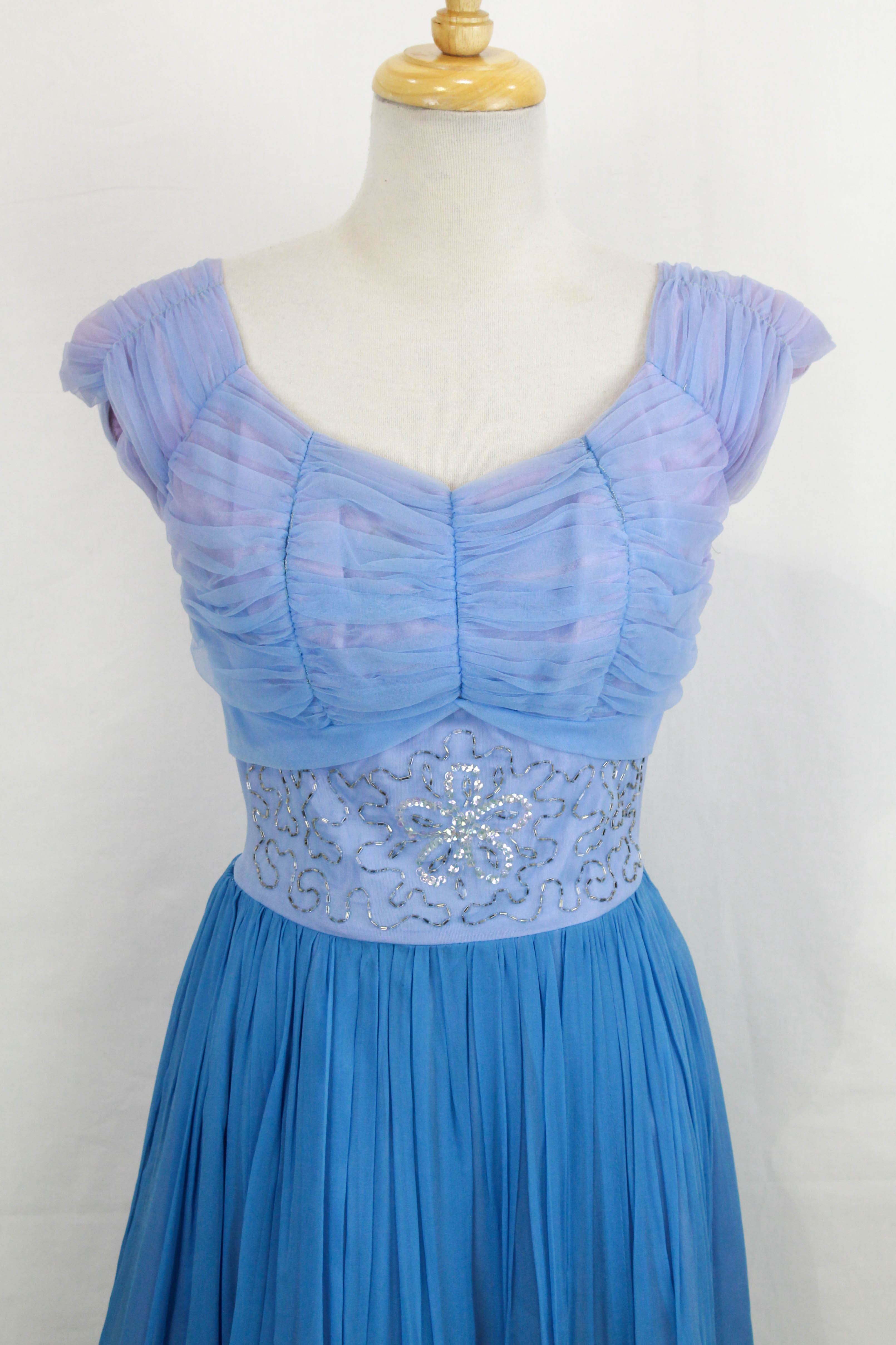 Vintage 1950s Blue and Lilac Chiffon Party Dress, Sequinned/Beaded Waist, Small