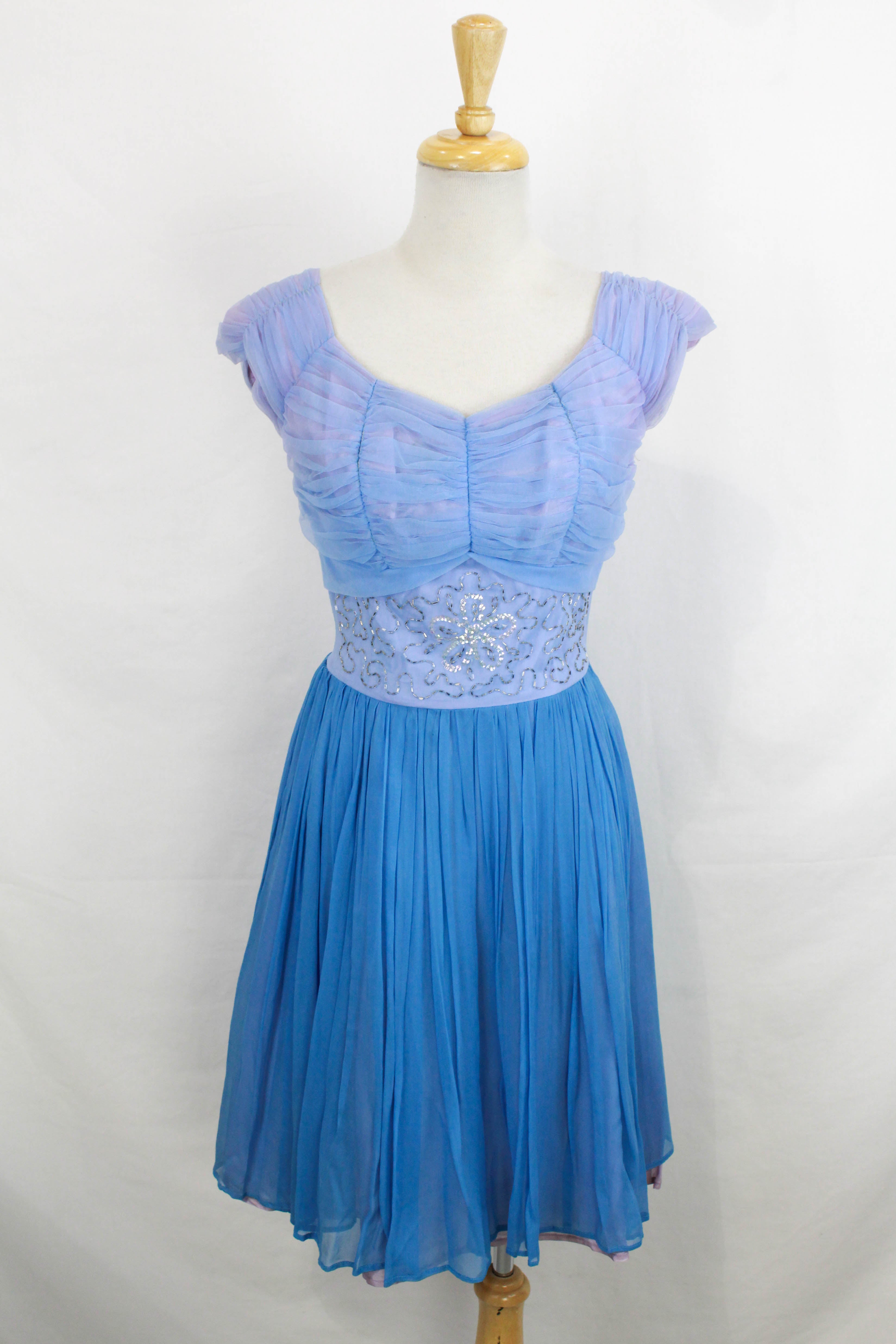 Vintage 1950s Blue and Lilac Chiffon Party Dress, Sequinned/Beaded Waist, Small