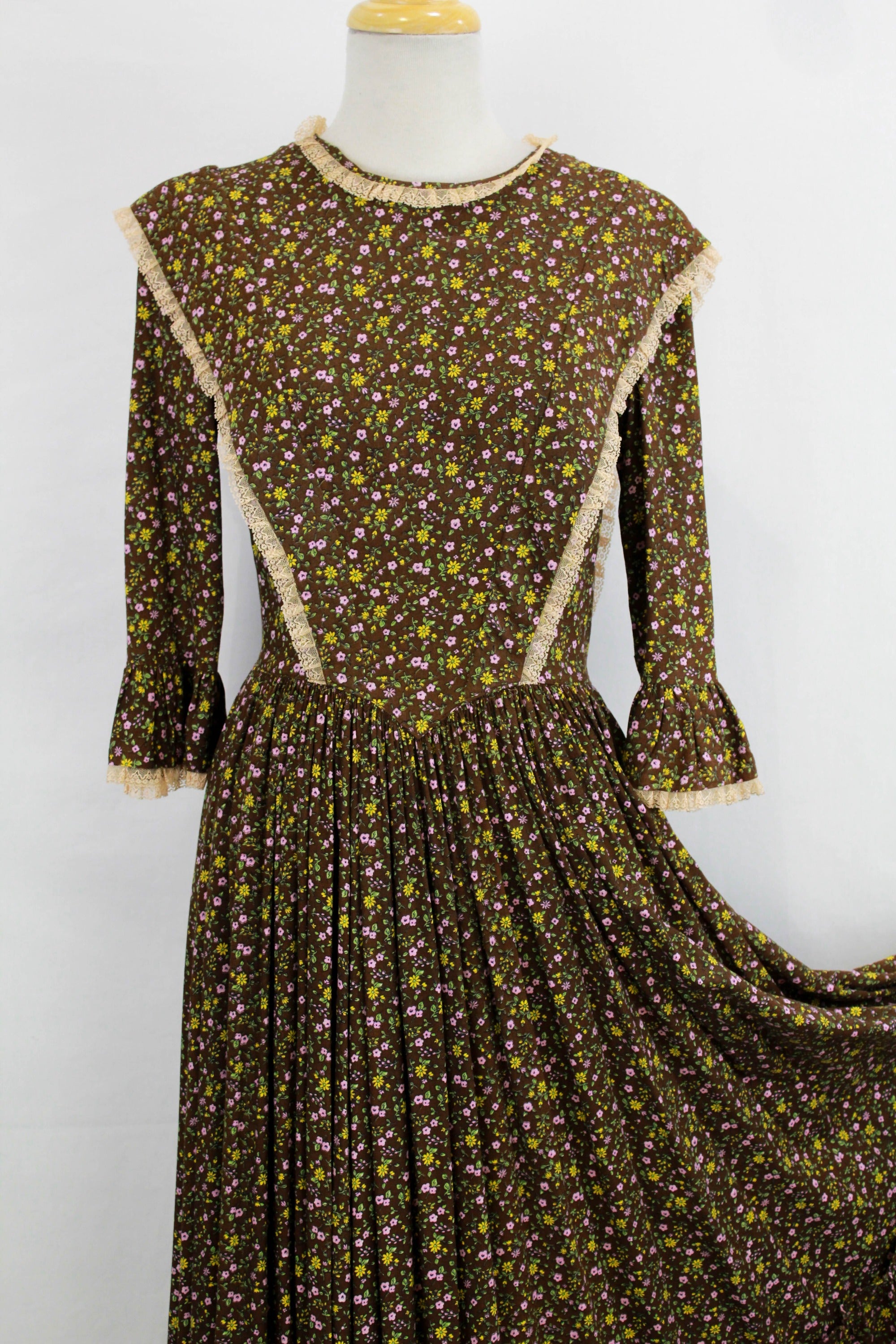 Vintage 1960s Brown Floral Prairie Dress and Bonnet, 1967 Centennial Maxi Dress