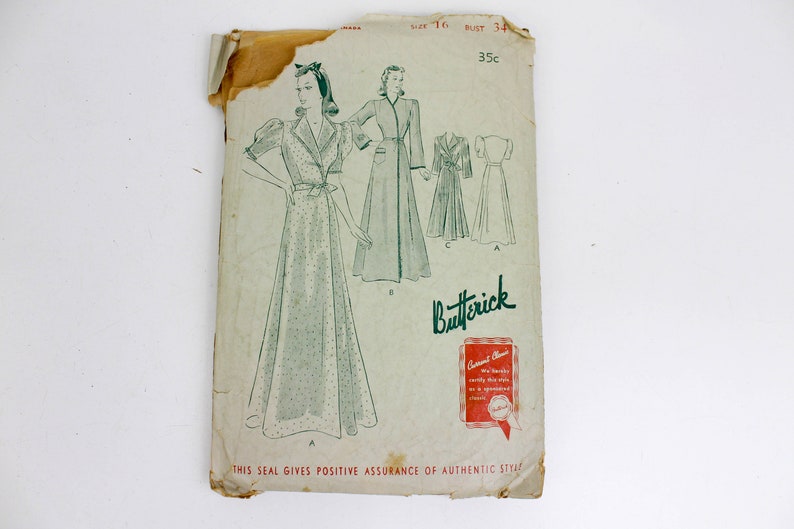 1930s Womens Housecoat Sewing Pattern Butterick 8797, Complete