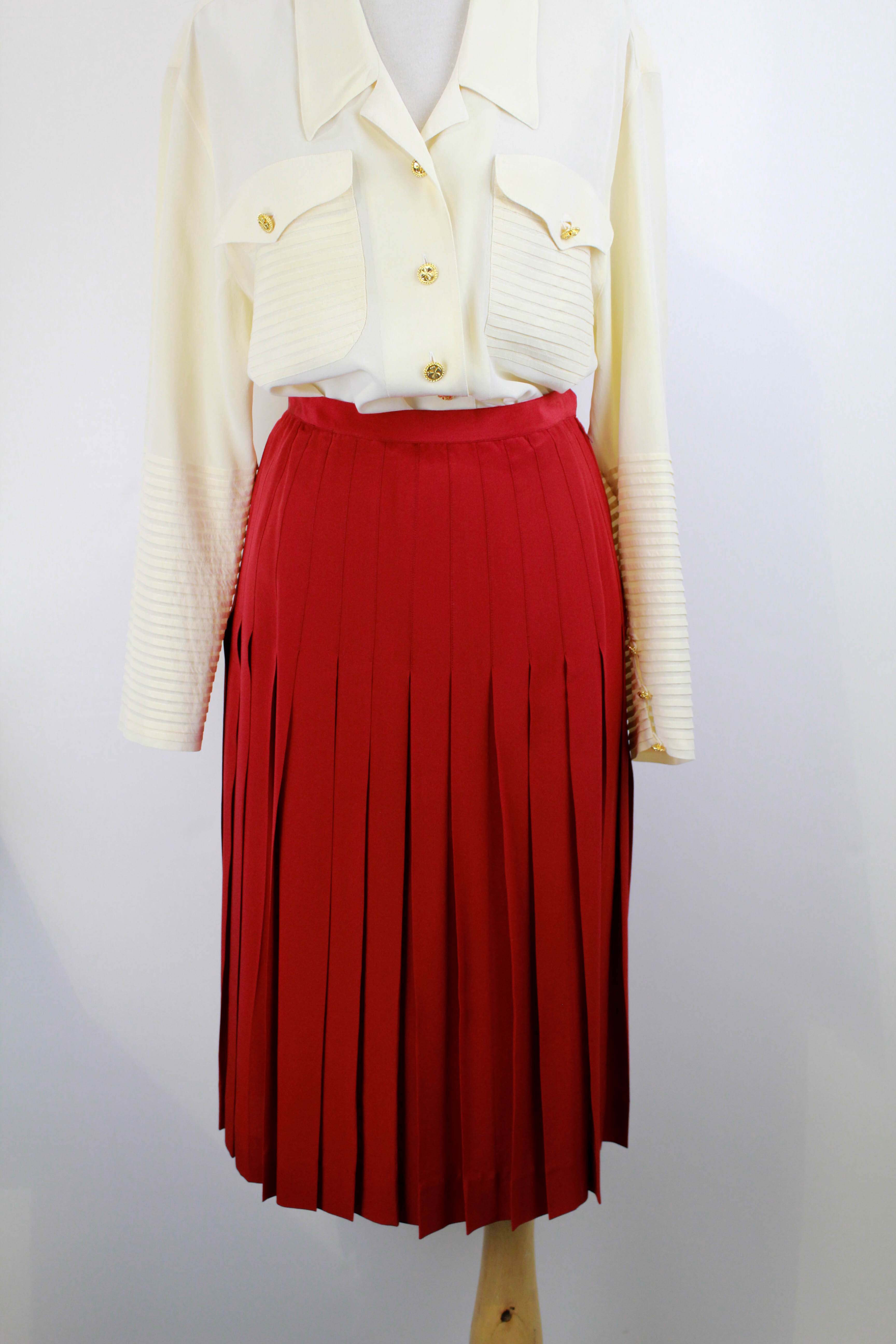 80s Vintage Chanel Red Silk Pleated Skirt