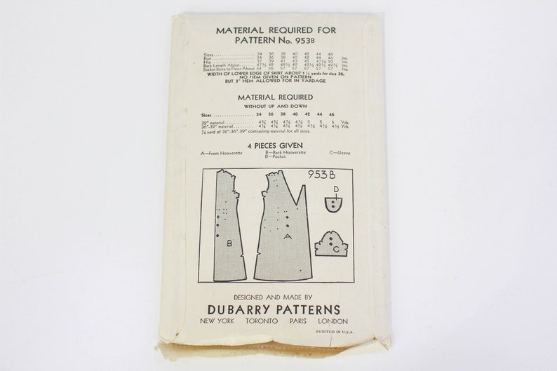 1930s Women's Dress Sewing Pattern DuBarry 953B, Complete, Bust 34