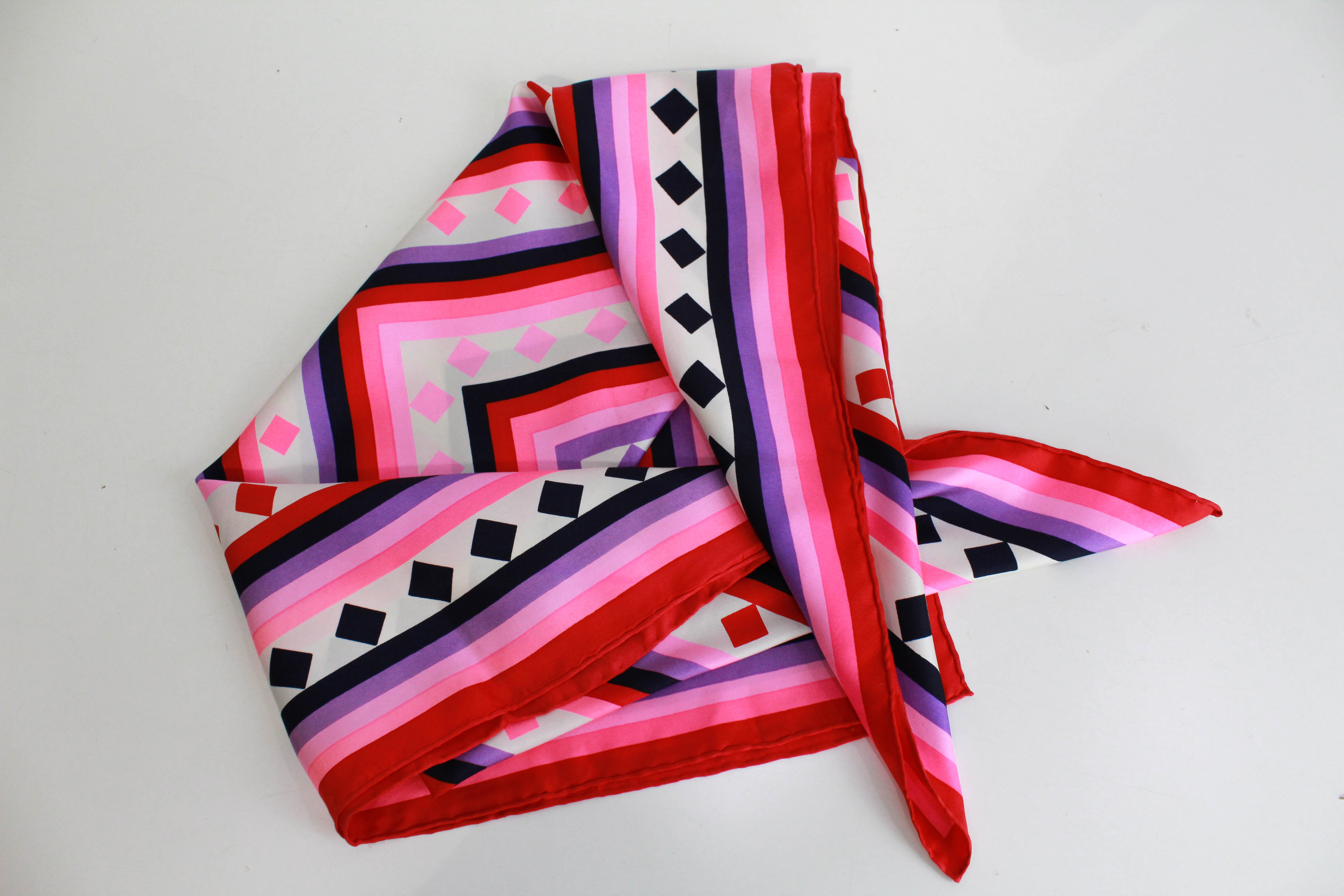 1970s Geoffrey Beene Silk Scarf, Bright Pink Geometric Print