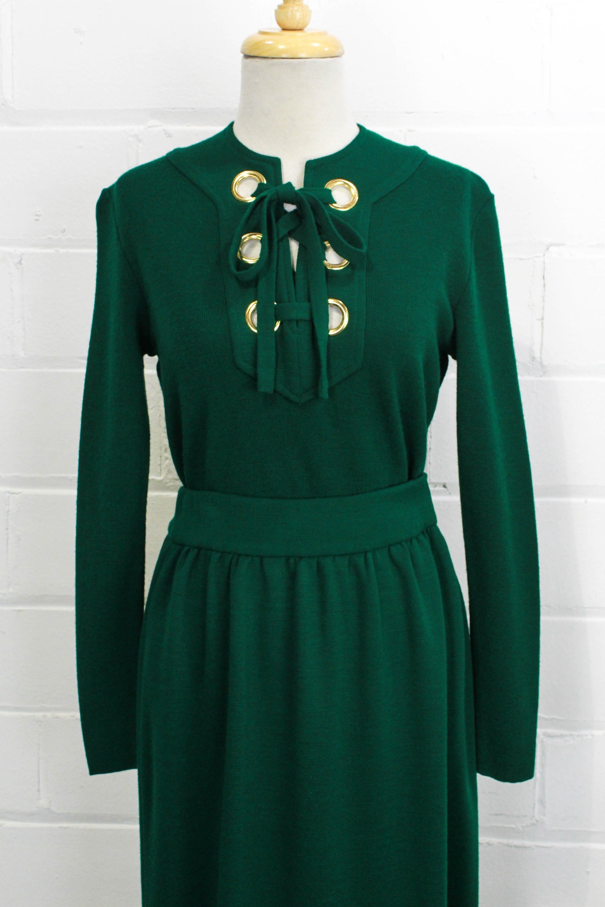 Vintage 1970s Arbe Green Knit Skirt and Top Set, Medium