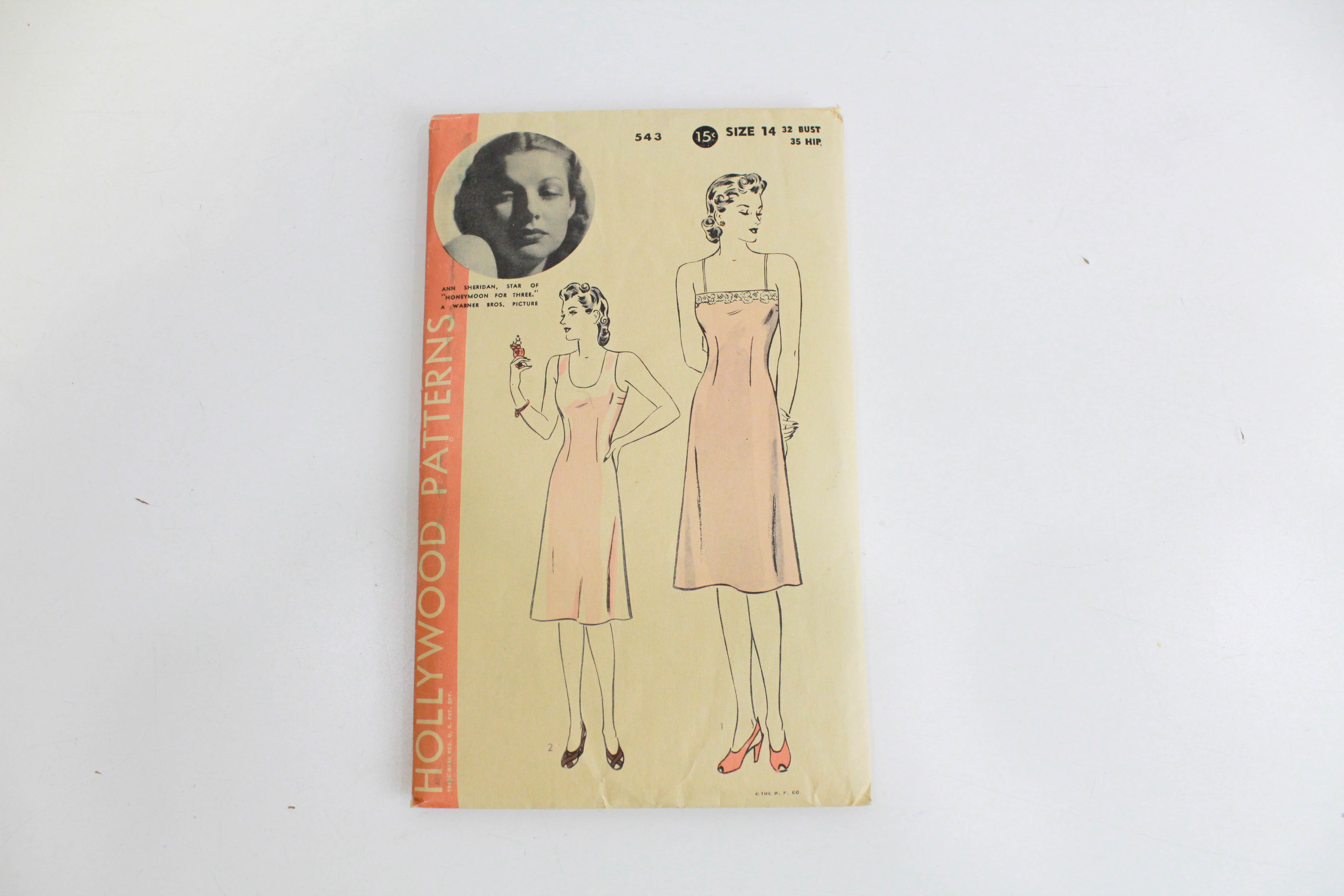 1940s Lingerie Slip Sewing Pattern Hollywood 543, Complete, Bust 32, Ann Sheridan on Cover