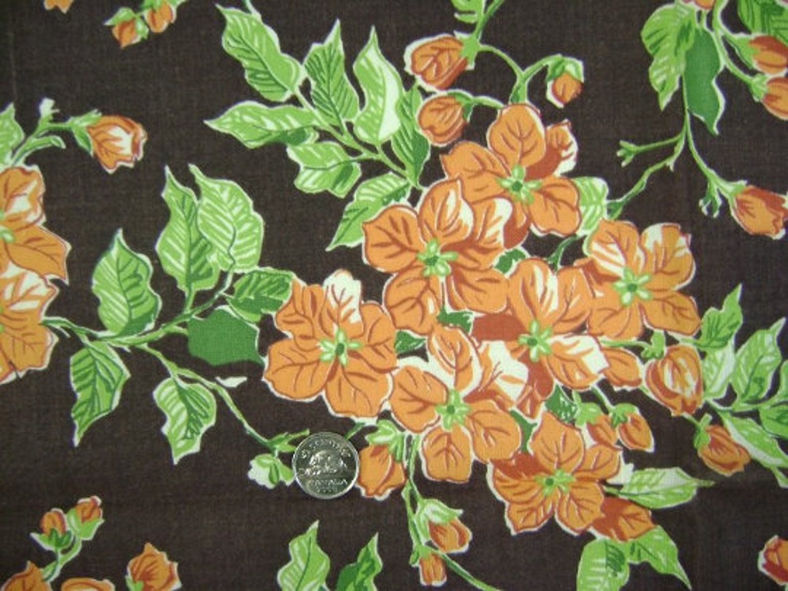 Vintage 1940s Brown & Orange Floral Cotton Feedsack Fabric, 36x43