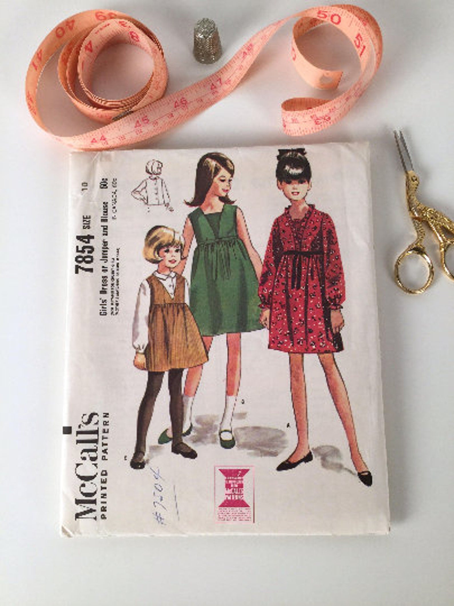 Vintage 1960s Girls' Dress & Blouse Sewing Pattern, McCalls 7854, Uncut, Complete, B28/ W24