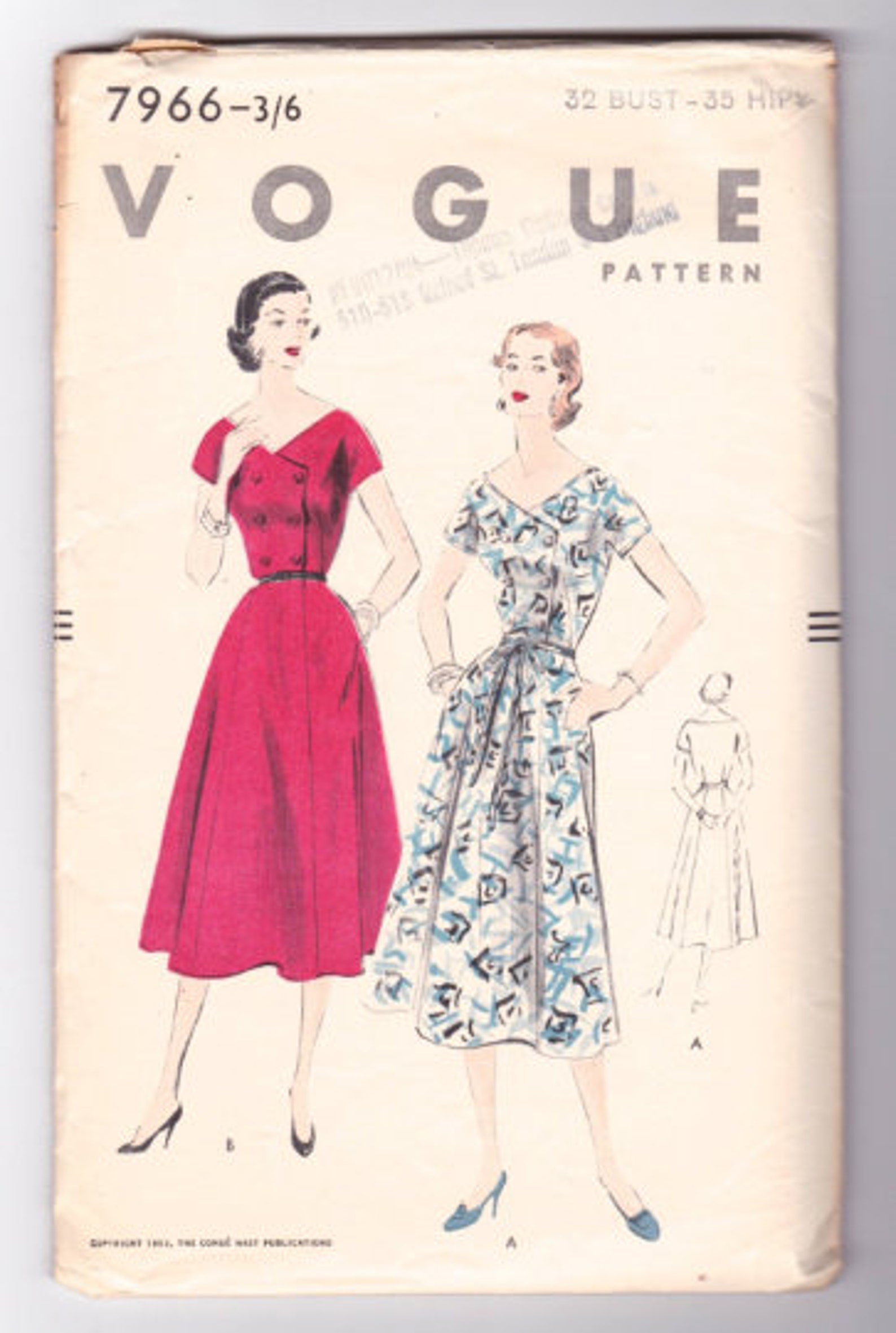 Vintage 1950's Women's Cocktail Dress Sewing Pattern, Vogue 7966, B32