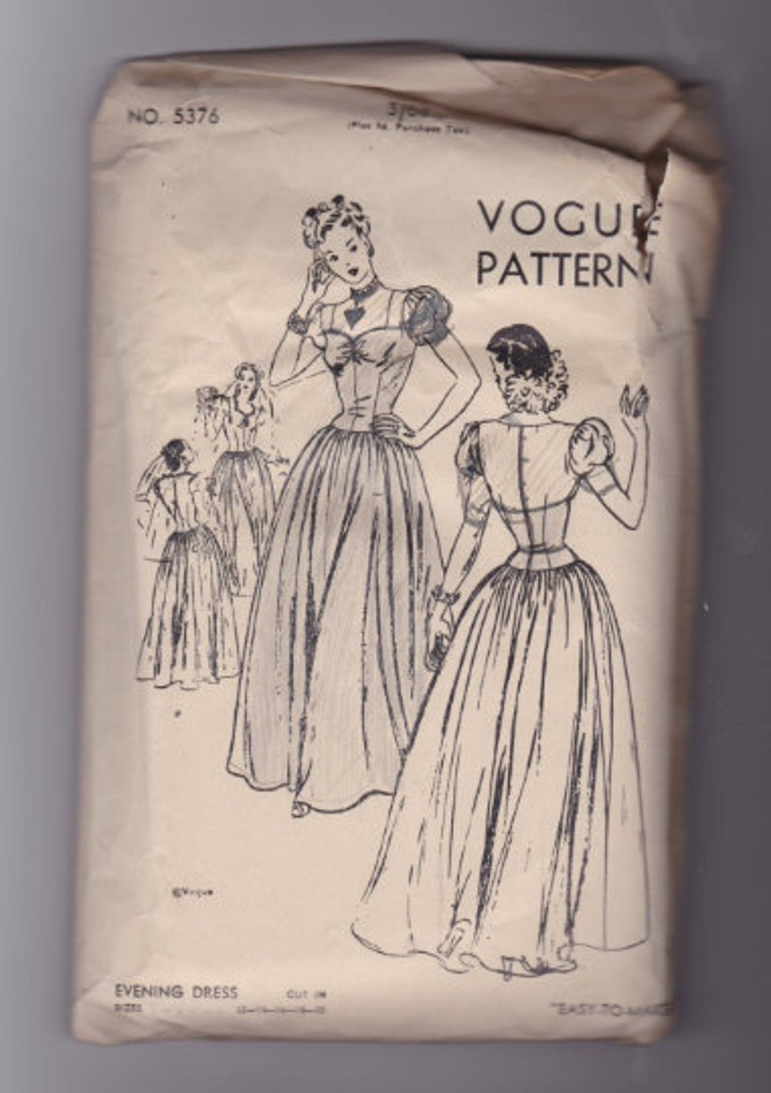 Vintage 1940s Women's Evening Dress Sewing Pattern, Vogue 5376, Full Skirt, Long Fitted Bodice, Sweetheart Neckline, B34