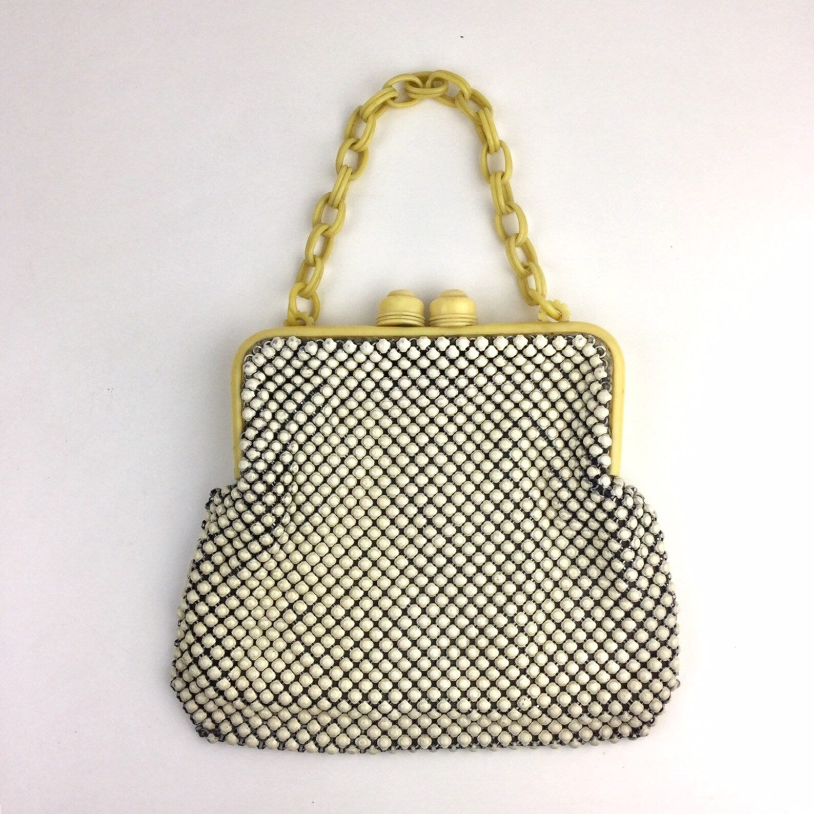 Vintage 1940s White & Cream Enamel Alumesh Handbag, Whiting and Davis