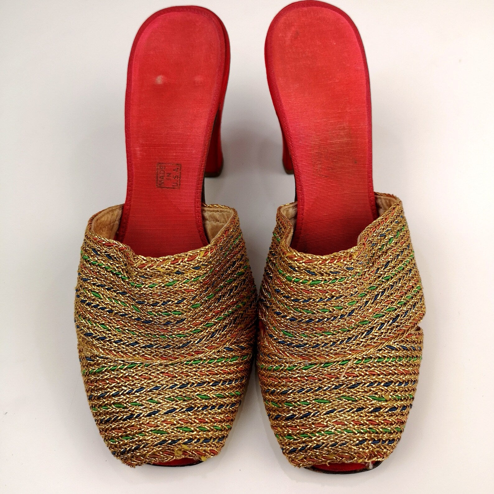 Vintage 1930s Red & Gold Peep-Toe High Heel Shoes/ Mules