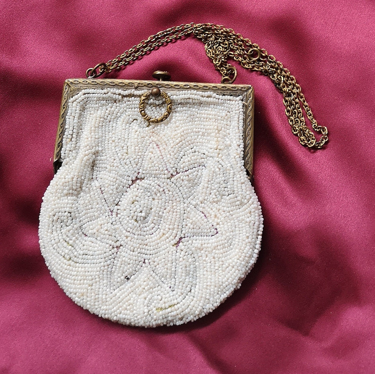 Vintage 1920s White Beaded Evening Purse With Sun Motif & Gold Metal Frame, Art Deco Handbag