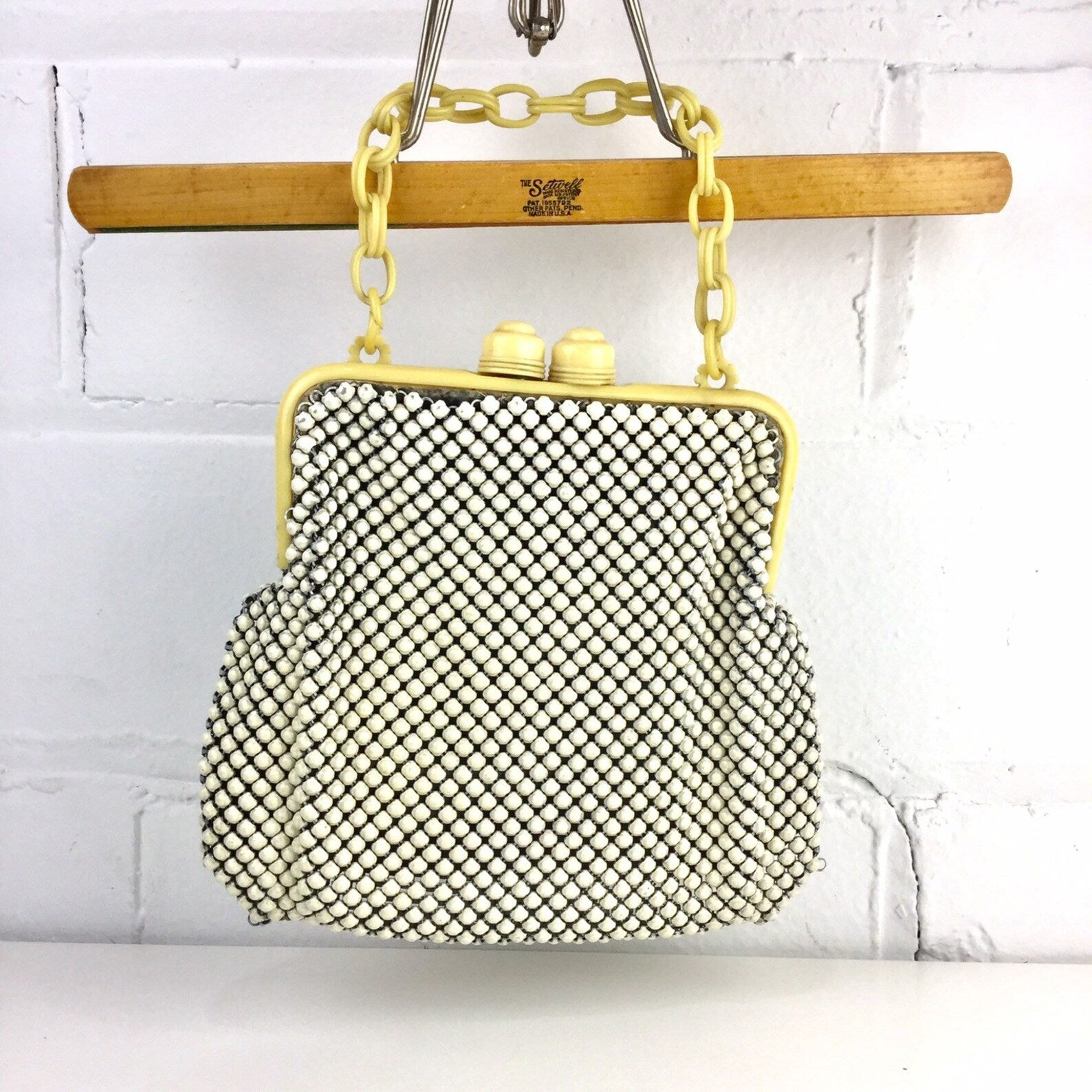 Vintage 1940s White & Cream Enamel Alumesh Handbag, Whiting and Davis