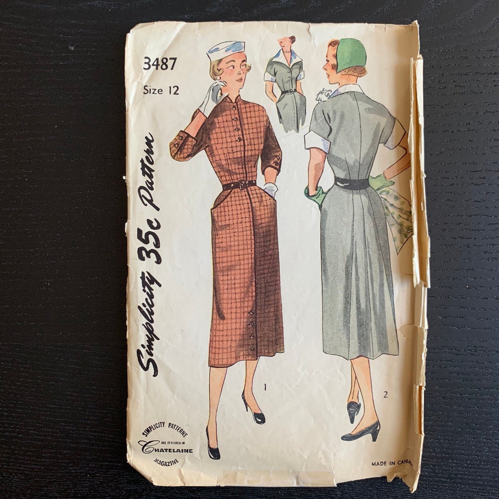 Vintage 1950s Women's Dress Sewing Pattern, Simplicity 3487, Bust 30