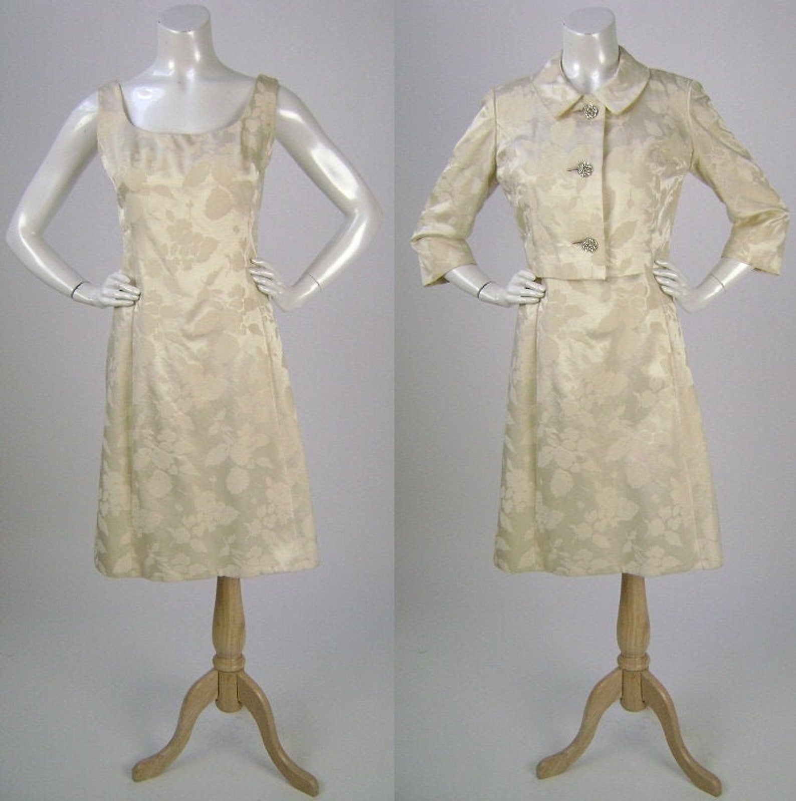 Vintage 1960s Cream Floral Brocade Wedding Suit, Dress & Jacket, Medium