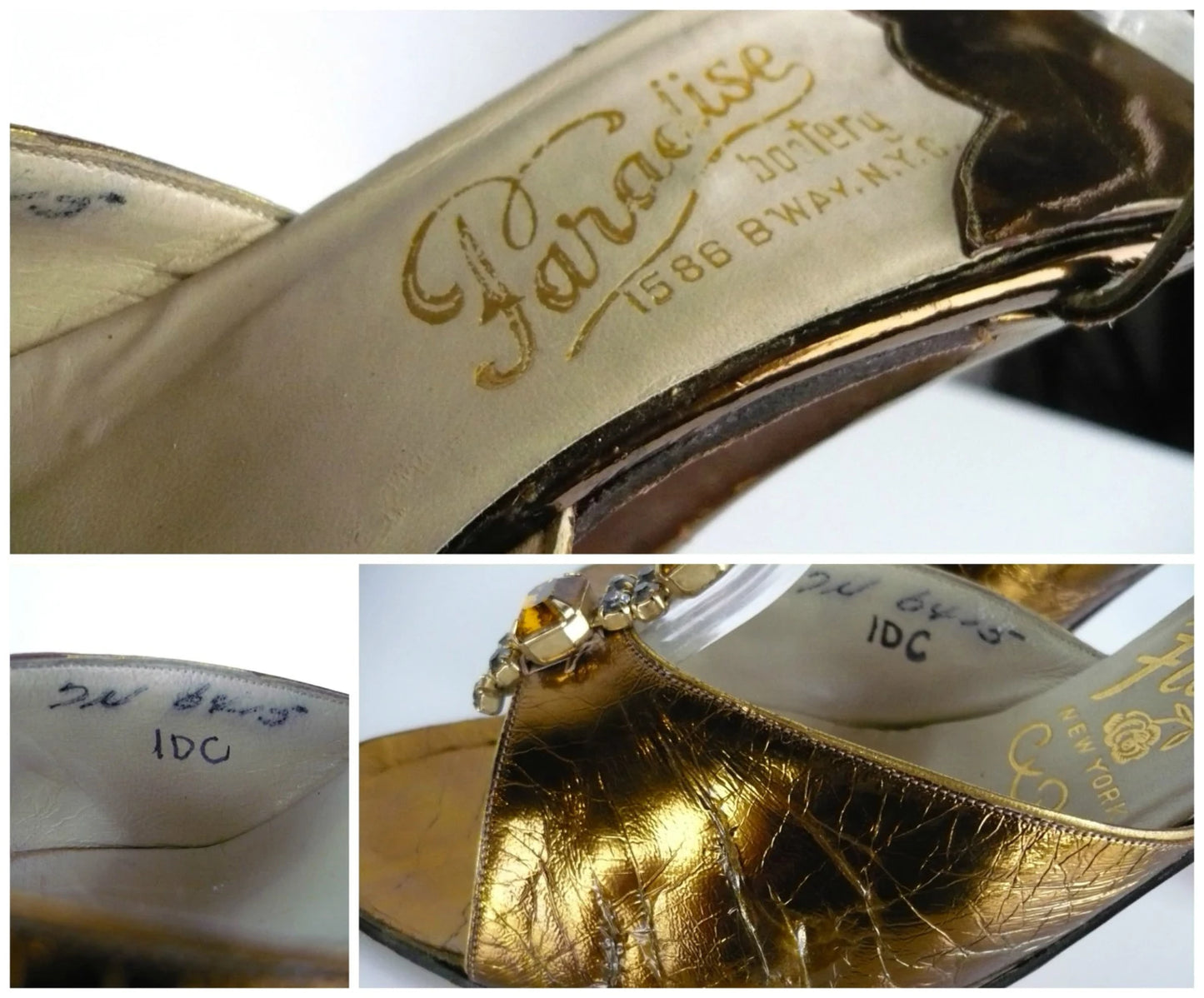 Vintage 50's Gold/Copper Metallic Leather High Heel Shoes, Rhinestone T-Strap, Sling Back High Heels, Henri Flatow Peep Toe Sandals