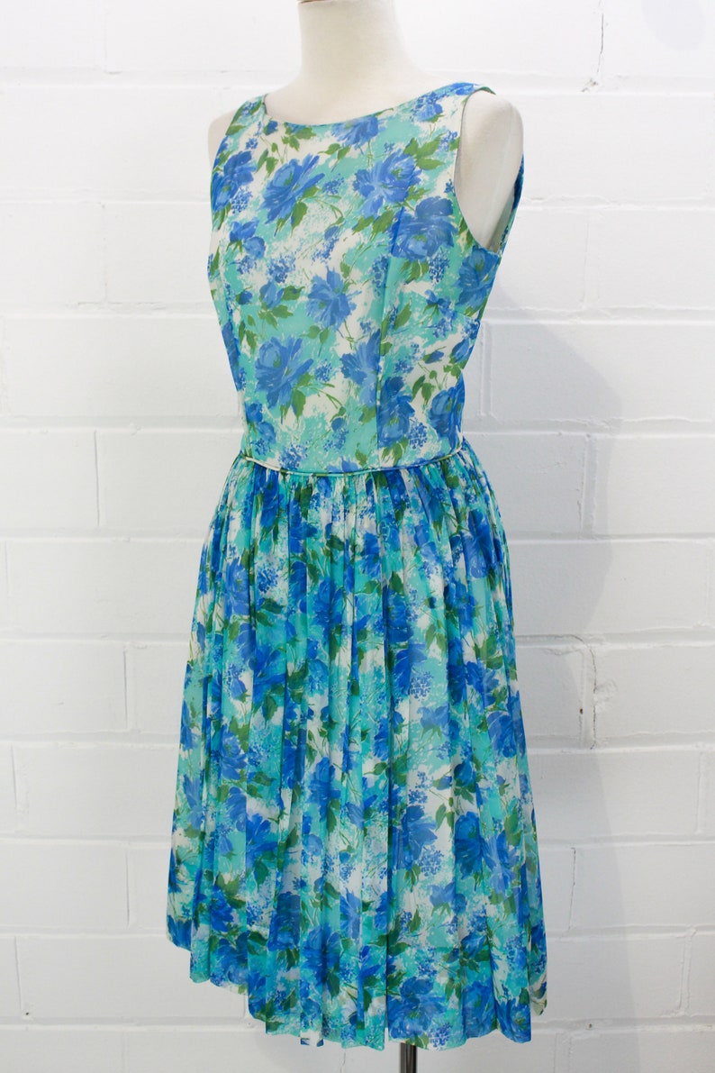 Vintage 1960s Jonathan Logan Blue Floral Print Chiffon Dress, XS