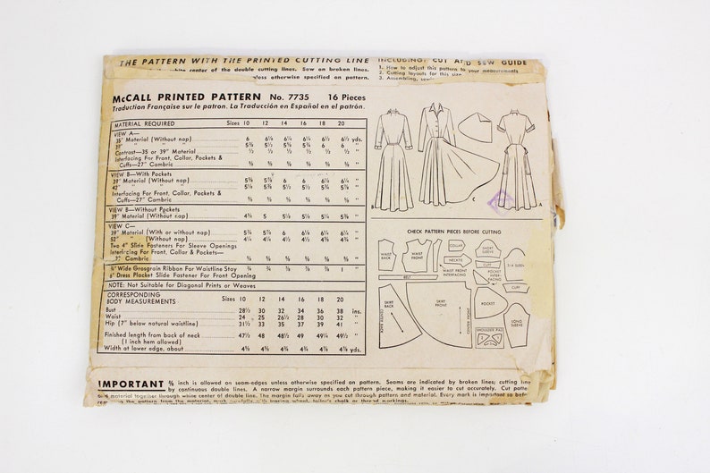 Vintage 1940s Shirtwaist Dress Sewing Pattern, McCall 7735, Large Patch Pockets & Full Skirt, Bust 28.5