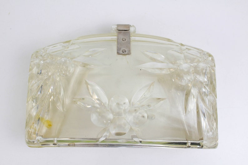 Vintage 1950s Clear Lucite Clutch Purse With Rhinestones & Etched Fruit, Mid-Century Bag