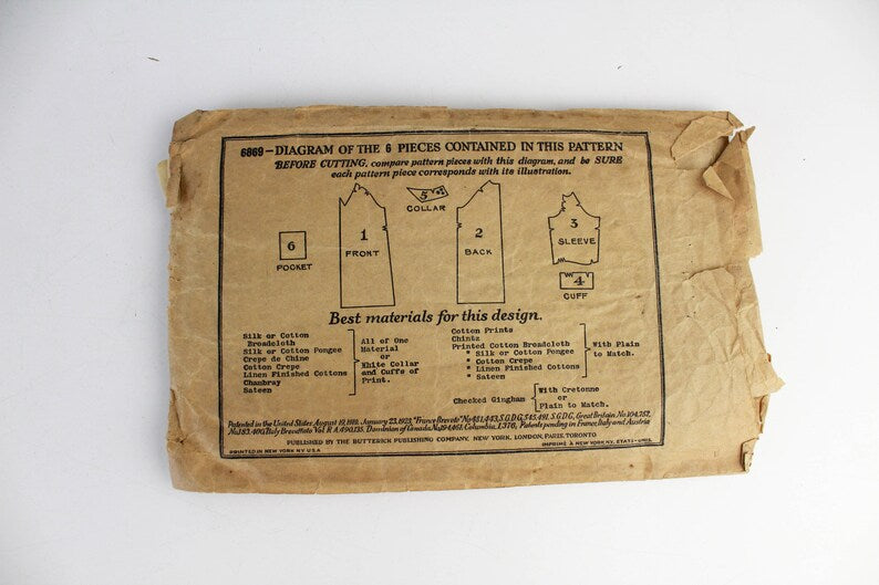 Vintage 1920s Flapper Smock Dress Sewing Pattern, Butterick 6869, Bust 36