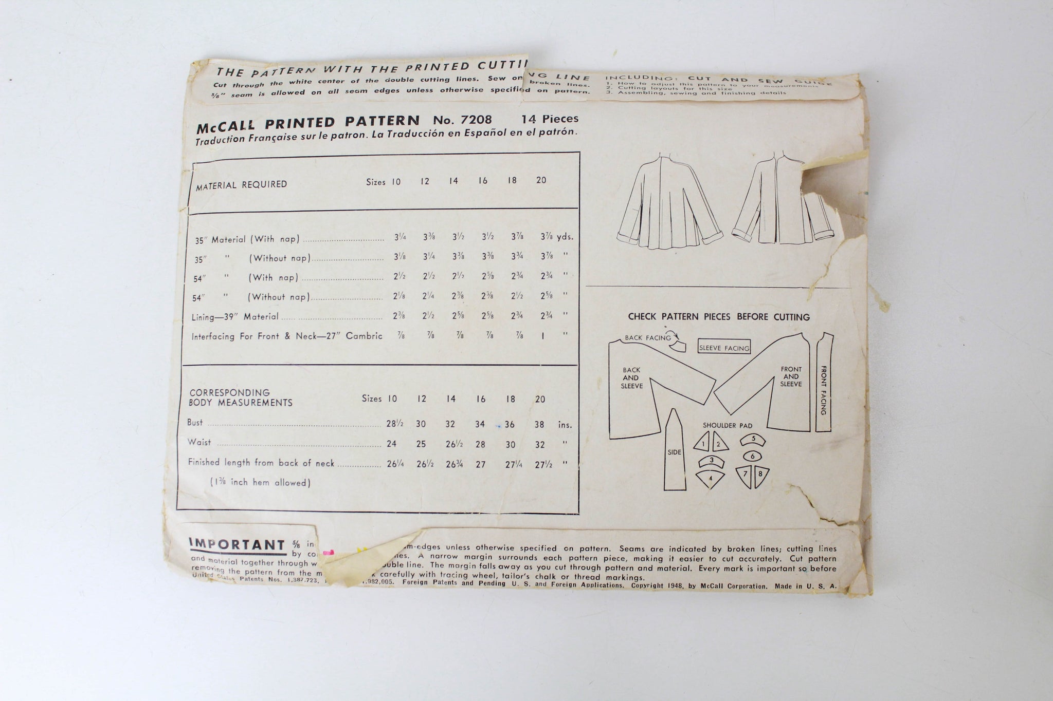 1940s Womens Jacket Sewing Pattern McCalls 7208, Complete, Bust 34 ...