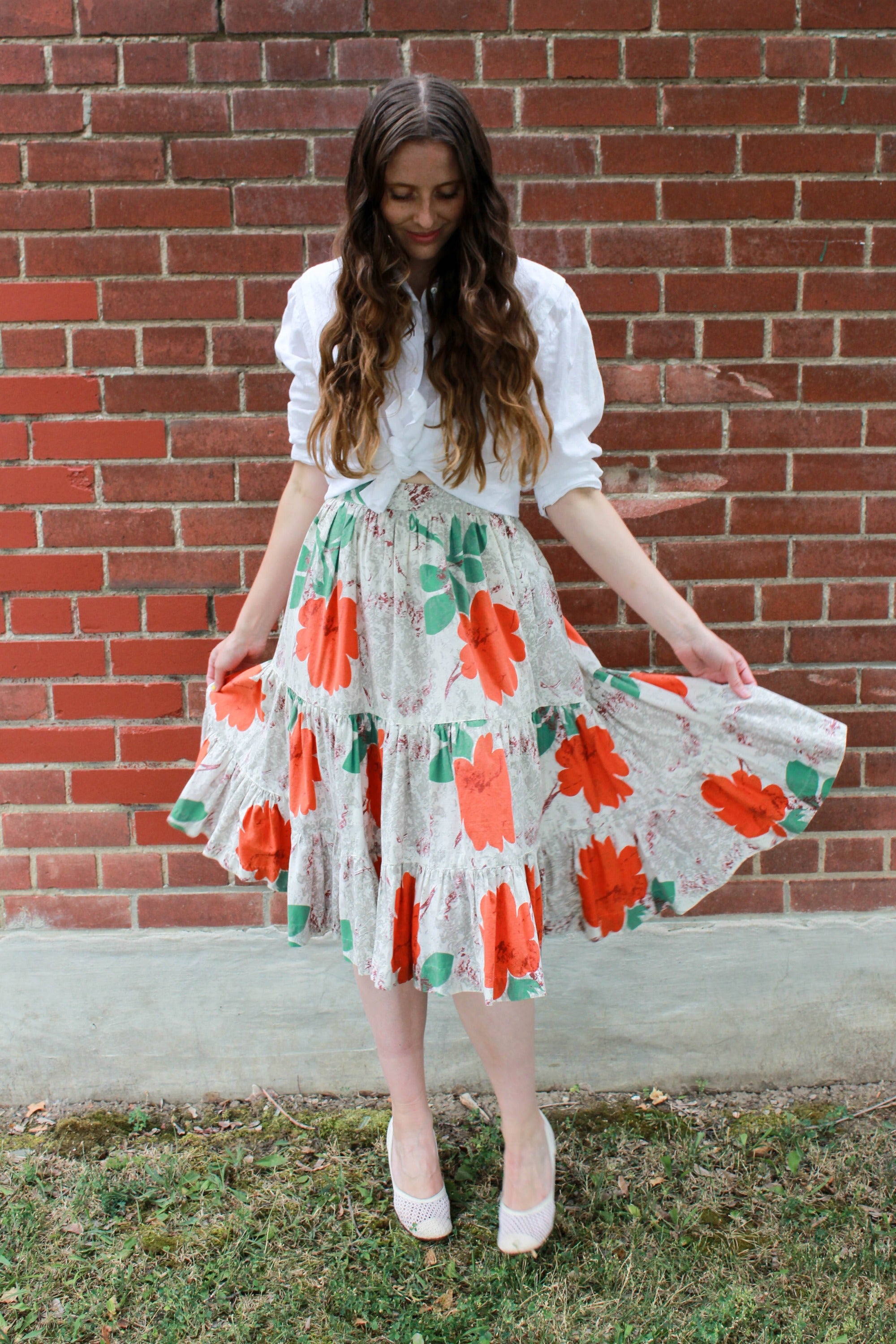 Vintage 1950s Orange Flower Print Cotton Skirt, Tiered Ruffle Skirt, Waist 25