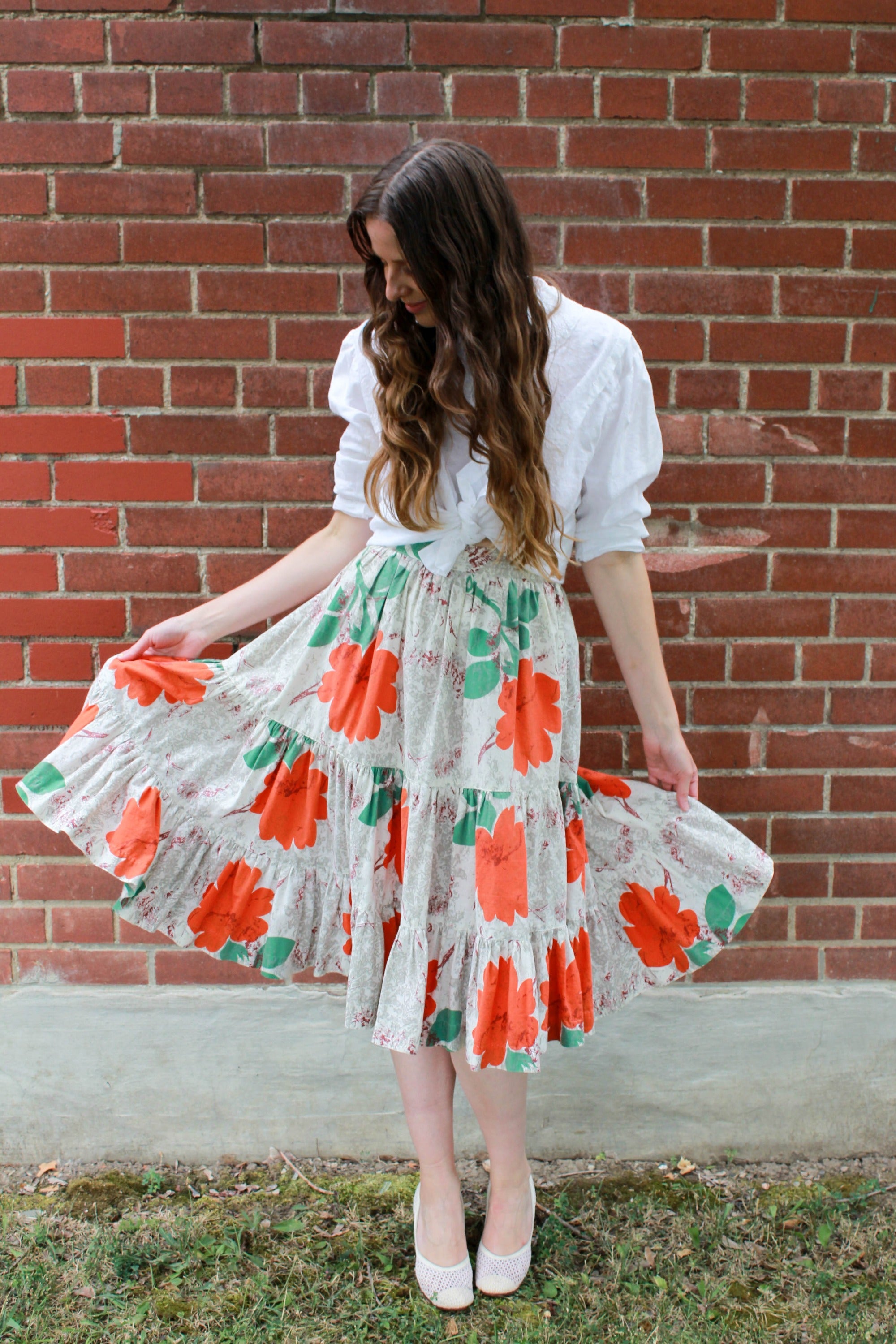 Vintage 1950s Orange Flower Print Cotton Skirt, Tiered Ruffle Skirt, Waist 25