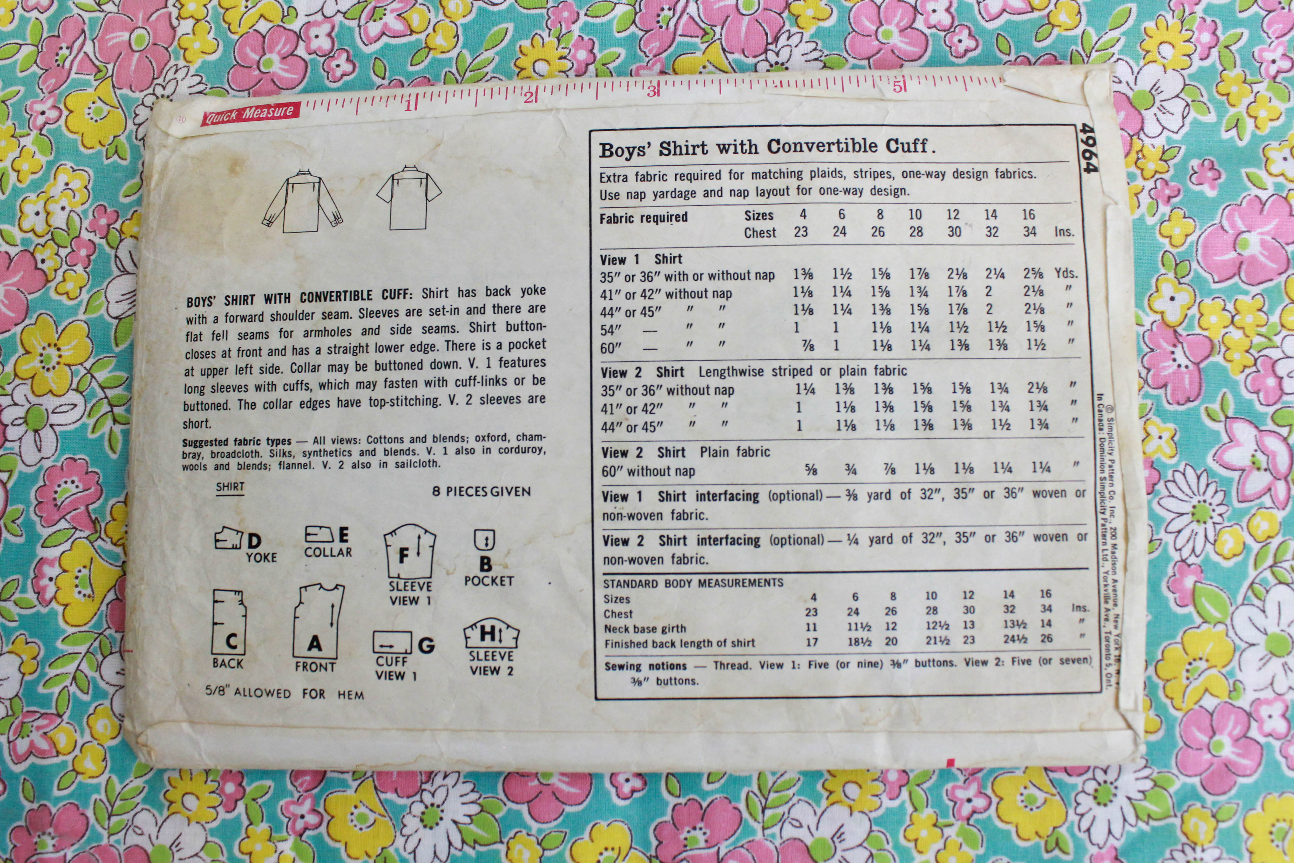 1960s Boys' Shirt Sewing Pattern Simplicity 4964, Complete, Chest 32