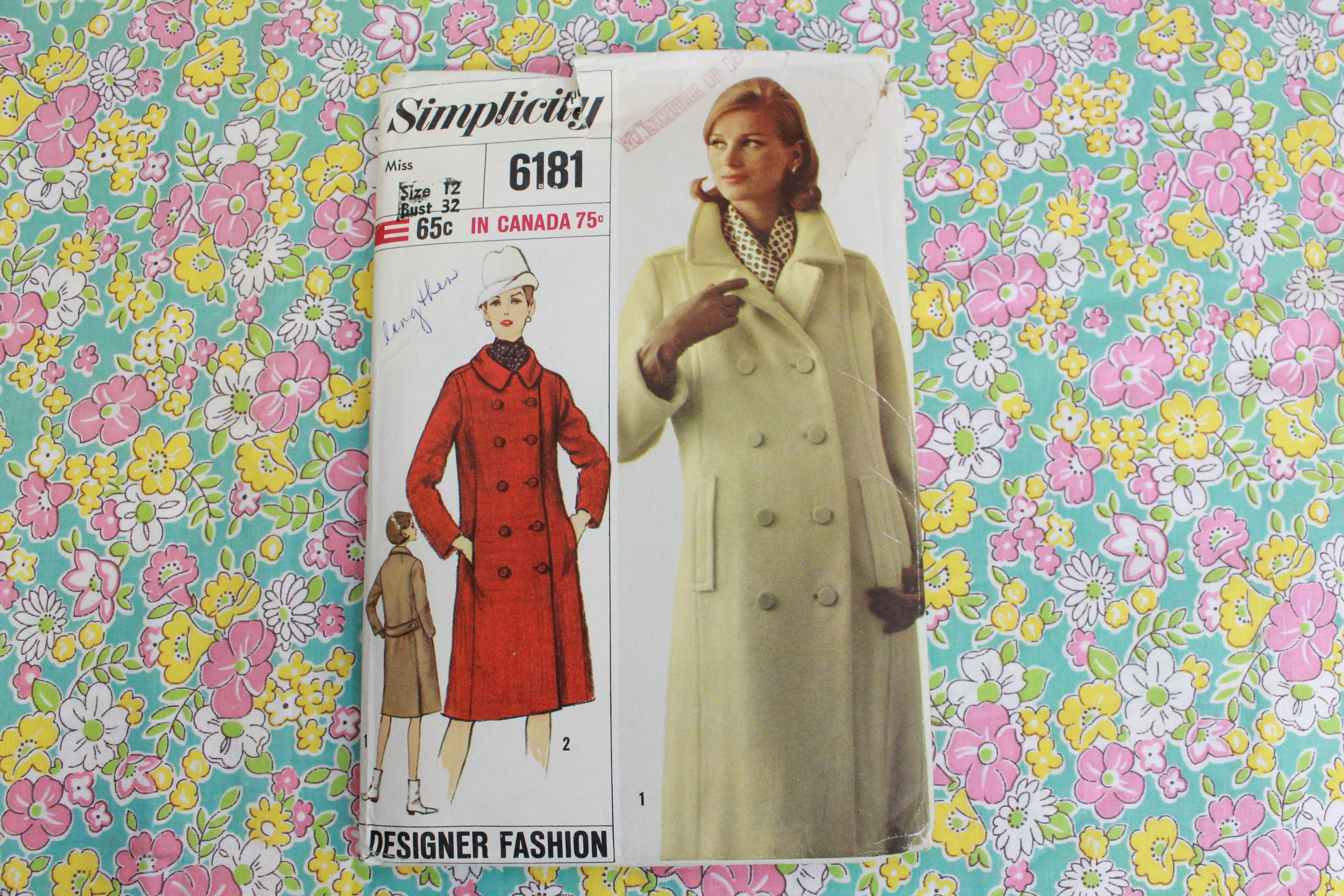 1960s Womens Coat Sewing Pattern Simplicity 6181, Complete, Double Breasted, Bust 32