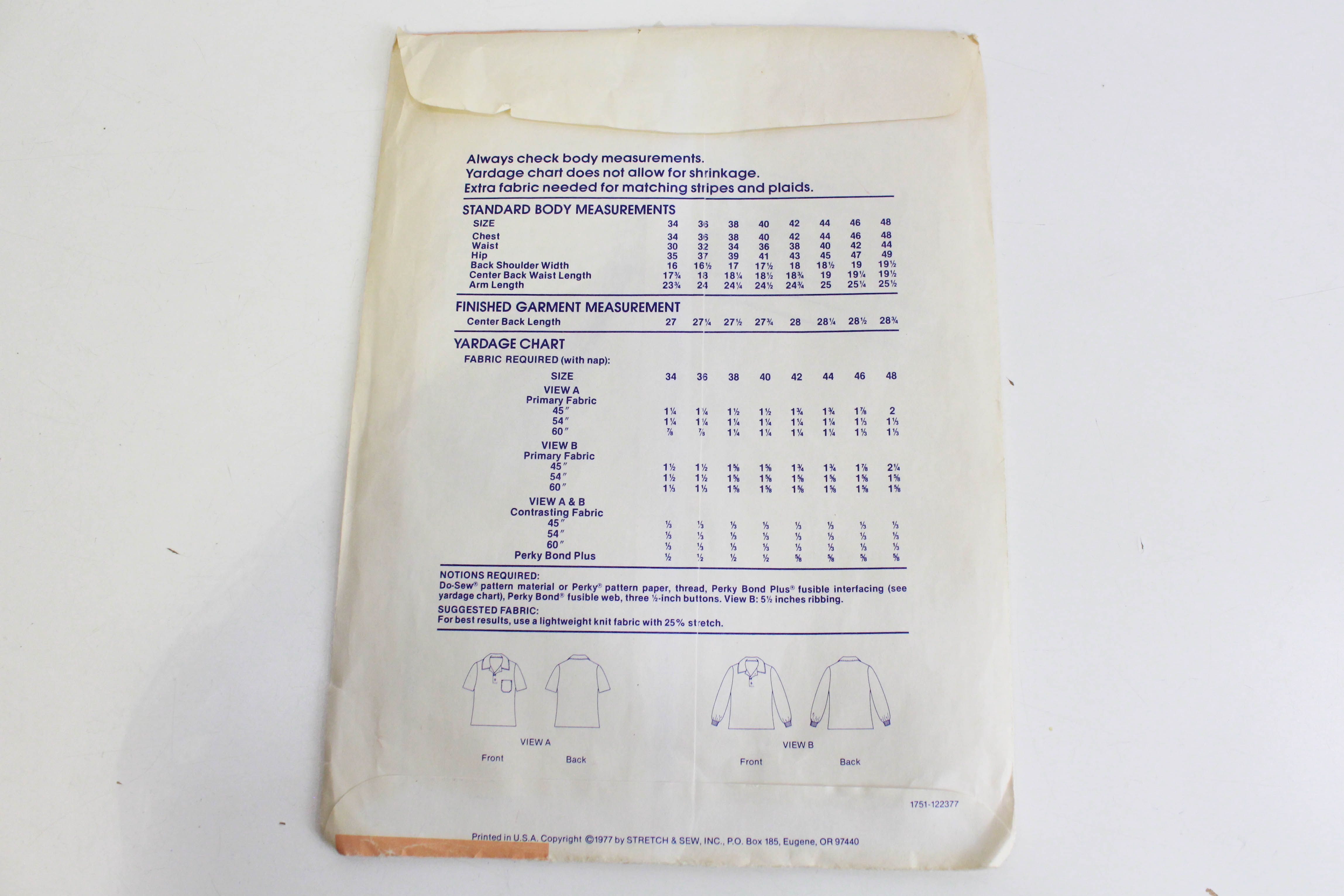 1970s Stretch and Sew 1751 Men's Rugby Shirt, Uncut, Complete, Chest Sizes 34