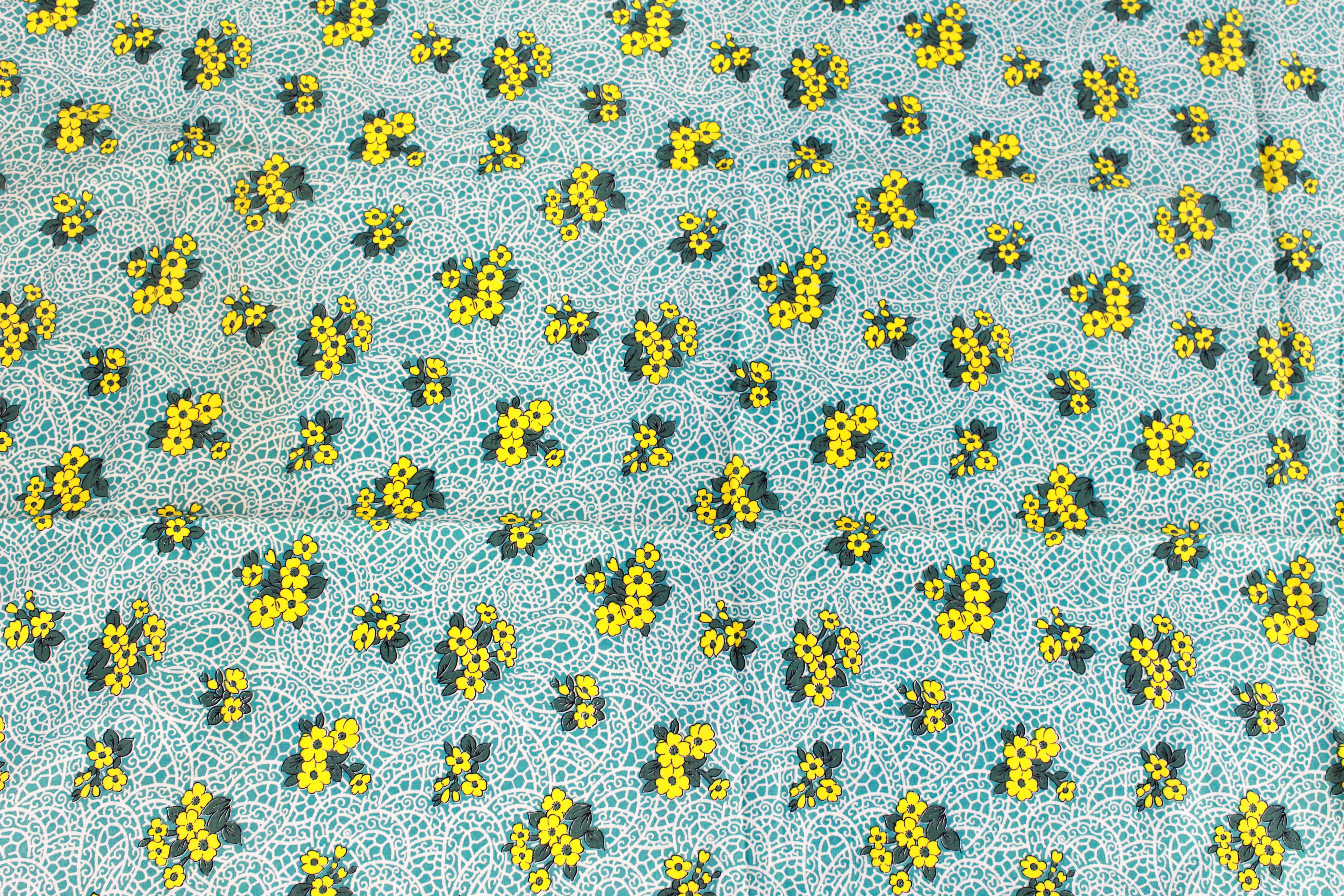 1940s Turquoise Yellow Floral Print Feedsack Cotton Fabric, 2 Pieces