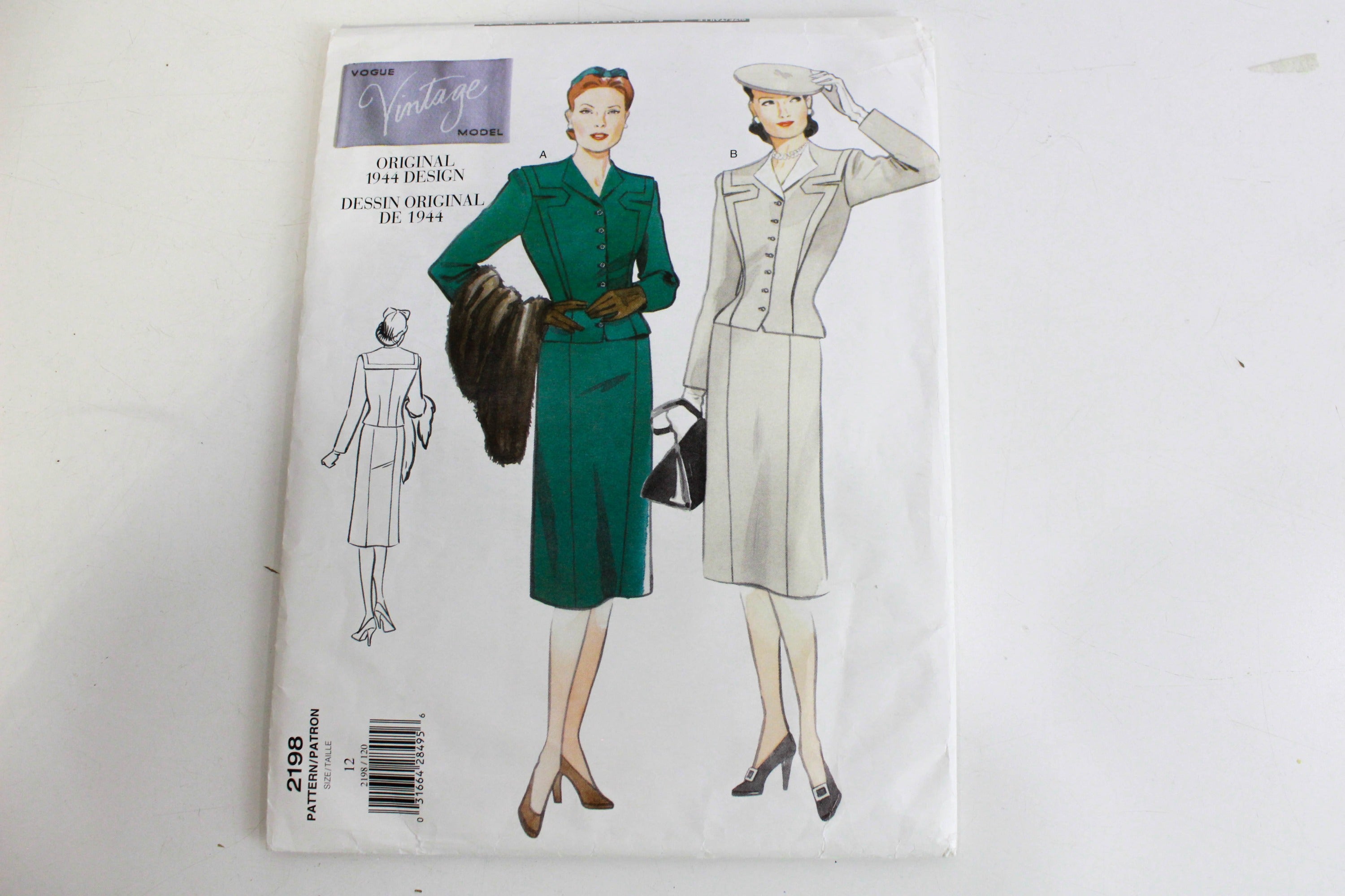 1940s Reissue Vogue Vintage 2198 Sewing Pattern, Women's Top and Skirt, UNCUT