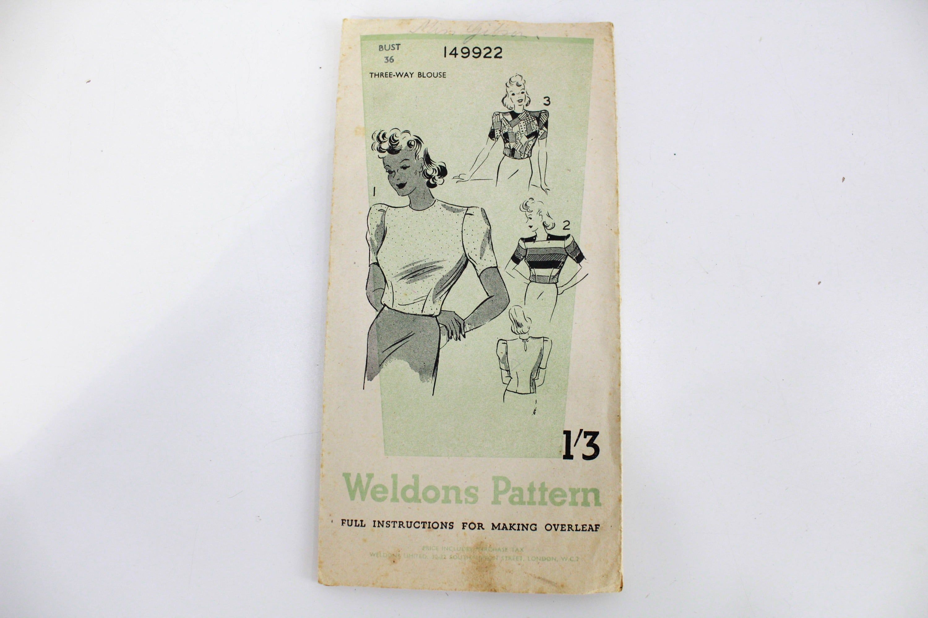 1940s Blouse Sewing Pattern, Weldons 149922, Bust 36