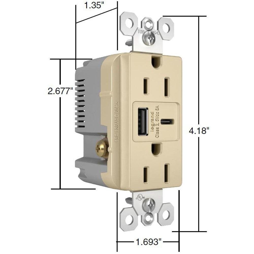 Radiant 15A Tamper Resistant Ultra Fast USB Type A/C Outlet by Legrand Radiant