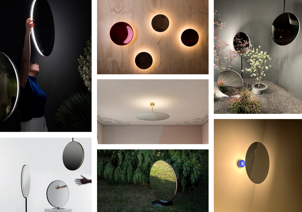 A collage of lights with mirror finishes by various designers