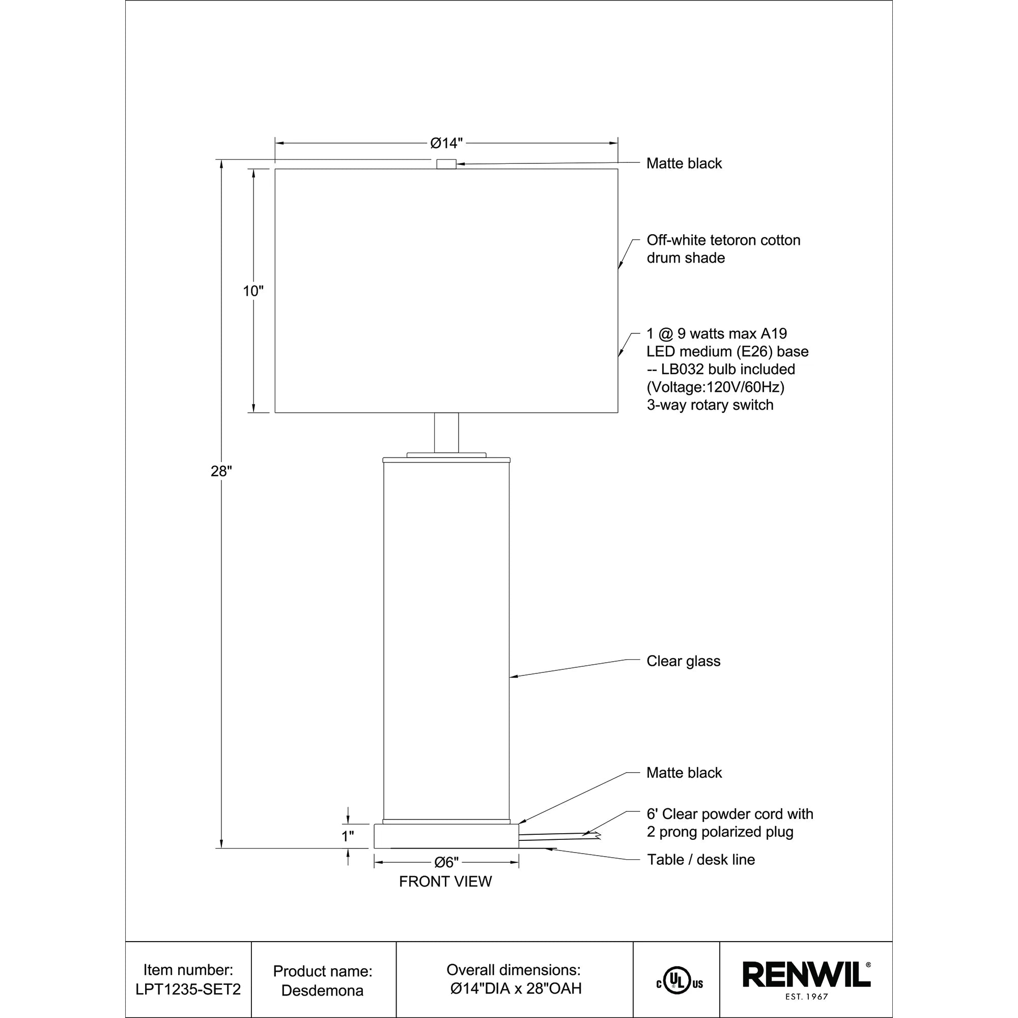 Specification Banner Desdemona Table Lamp