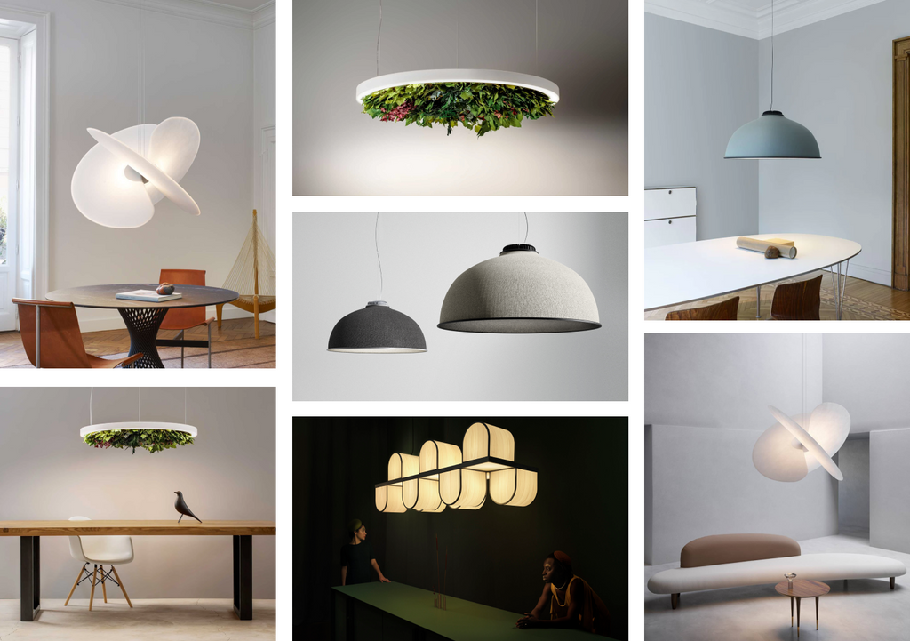 A collage of lights made with sustainable materials by various designers