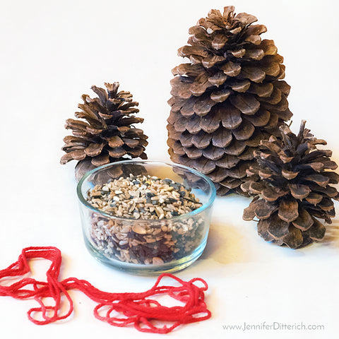 Supplies for DIY Pinecone Birdfeeder Ornaments by Jennifer Ditterich Designs